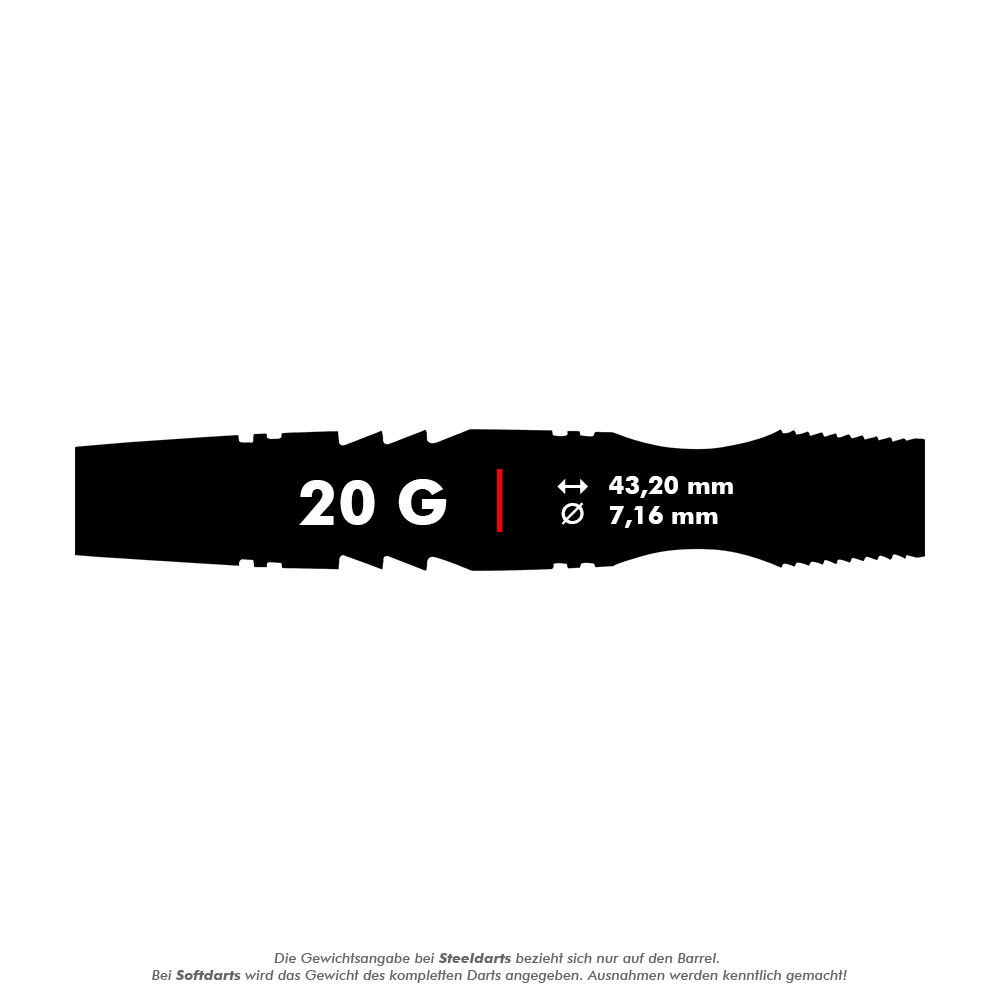 Winmau Sniper Black soft darts - 20g Das Bild zeigt den Winmau Sniper Black Softdart mit einem Gewicht von 20 Gramm. Die Länge beträgt 43,20 mm und der Durchmesser 7,16 mm.