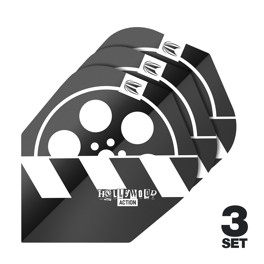 Target Pro Ultra Chris Dobey Hollywood Action No6 Flights - 3 Sets Das Bild zeigt drei Sets der Target Pro Ultra Chris Dobey Hollywood Action No6 Flights. Die Flights haben ein schwarz-weißes Design mit einem Filmrollen- und Klappenmotiv sowie dem Schriftzug "Hollywood Action".