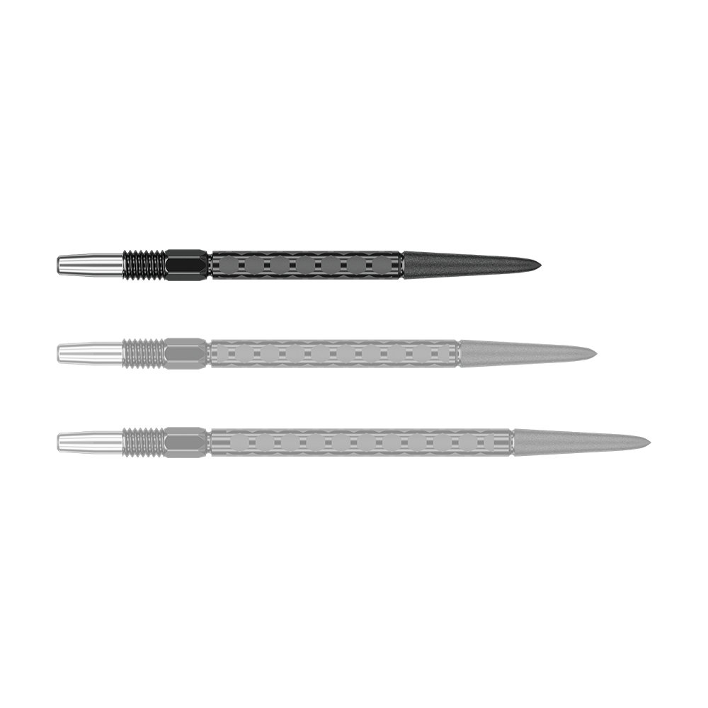 Target Swiss FLT Point Dart Tips - Black Eine schwarze Dartspitze ist einzeln zu sehen. Die Spitze liegt waagerecht.