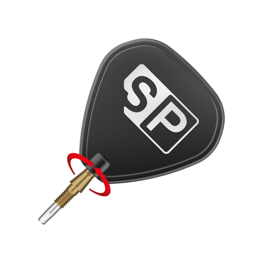 Target Swiss Storm Quartz Dart Tips - Gold Das Bild zeigt eine schwarze Dartspitze mit der Aufschrift "SP" auf einem Flight. Ein roter Pfeil markiert eine Drehbewegung an der Verbindung zwischen Spitze und Flight.