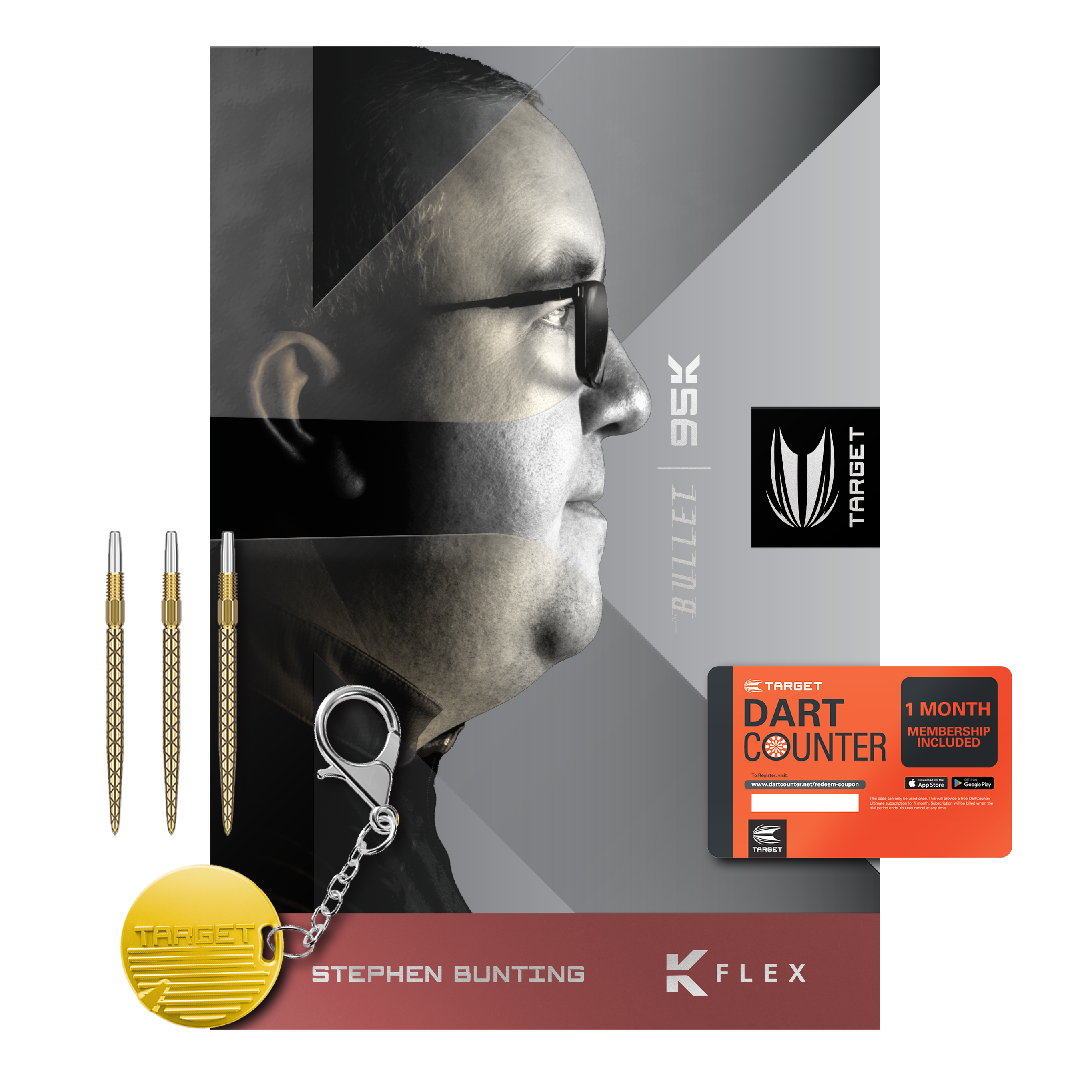 Das Bild zeigt das Produkt "Target Stephen Bunting 95K Swiss Point Steeldarts" mit drei Dartpfeilen, einem Schlüsselanhänger und einer Dart Counter-Mitgliedskarte. Auf der Verpackung ist ein Porträtfoto von Stephen Bunting abgebildet.