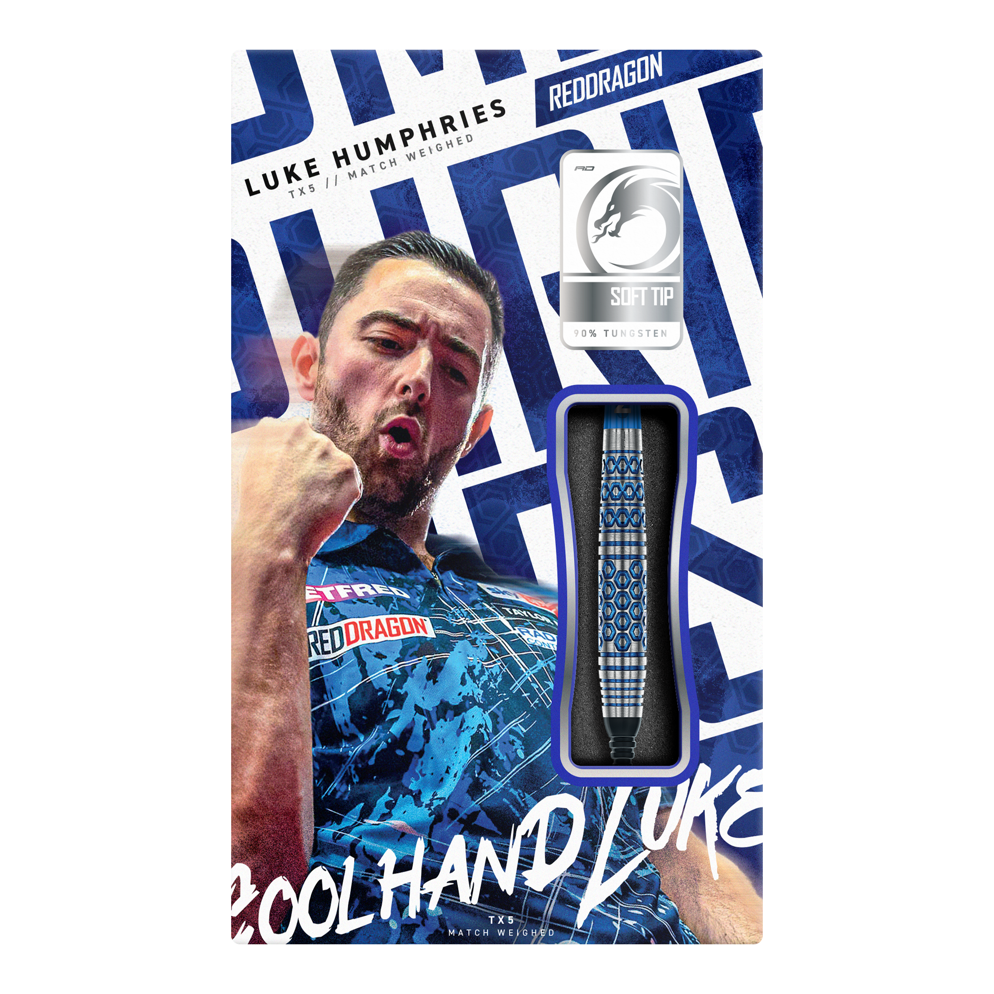Diese Grafik stellt die Red Dragon Luke Humphries TX5 Softdarts - 20g dar. Es handelt sich um hochwertige Softdarts mit Luke Humphries Design.
