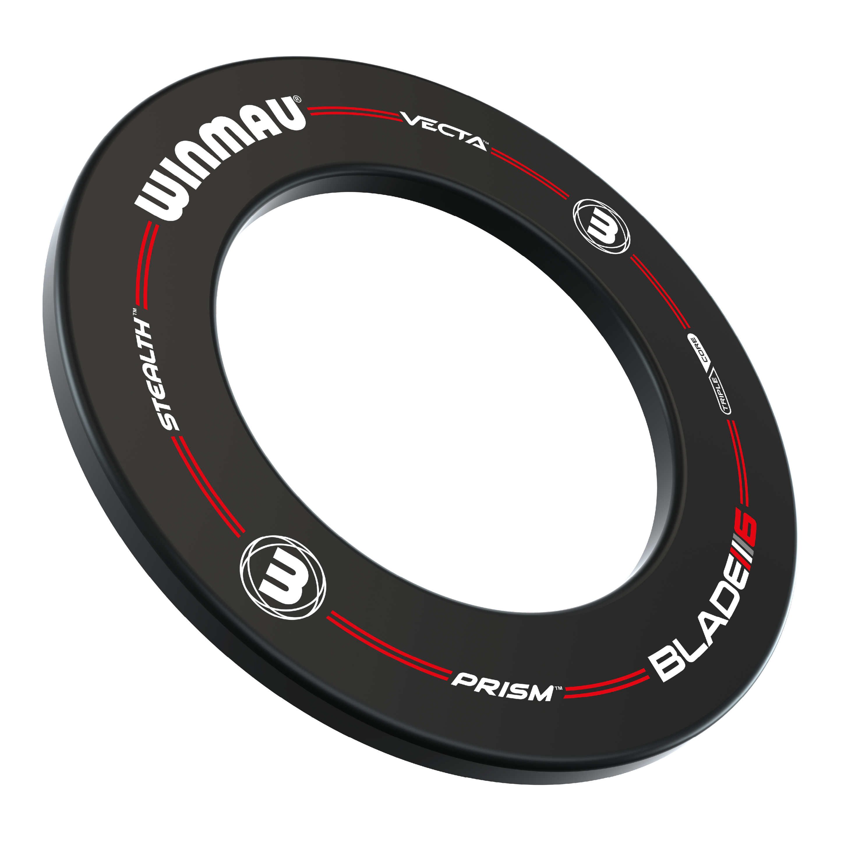 Winmau Pro-Line Blade 6 Dartboard Surround Auf dem Bild ist das Winmau Pro-Line Blade 6 Dartboard Surround zu sehen. Der schwarze Surround-Ring hat weiße und rote Schriftzüge sowie Logos aufgedruckt.