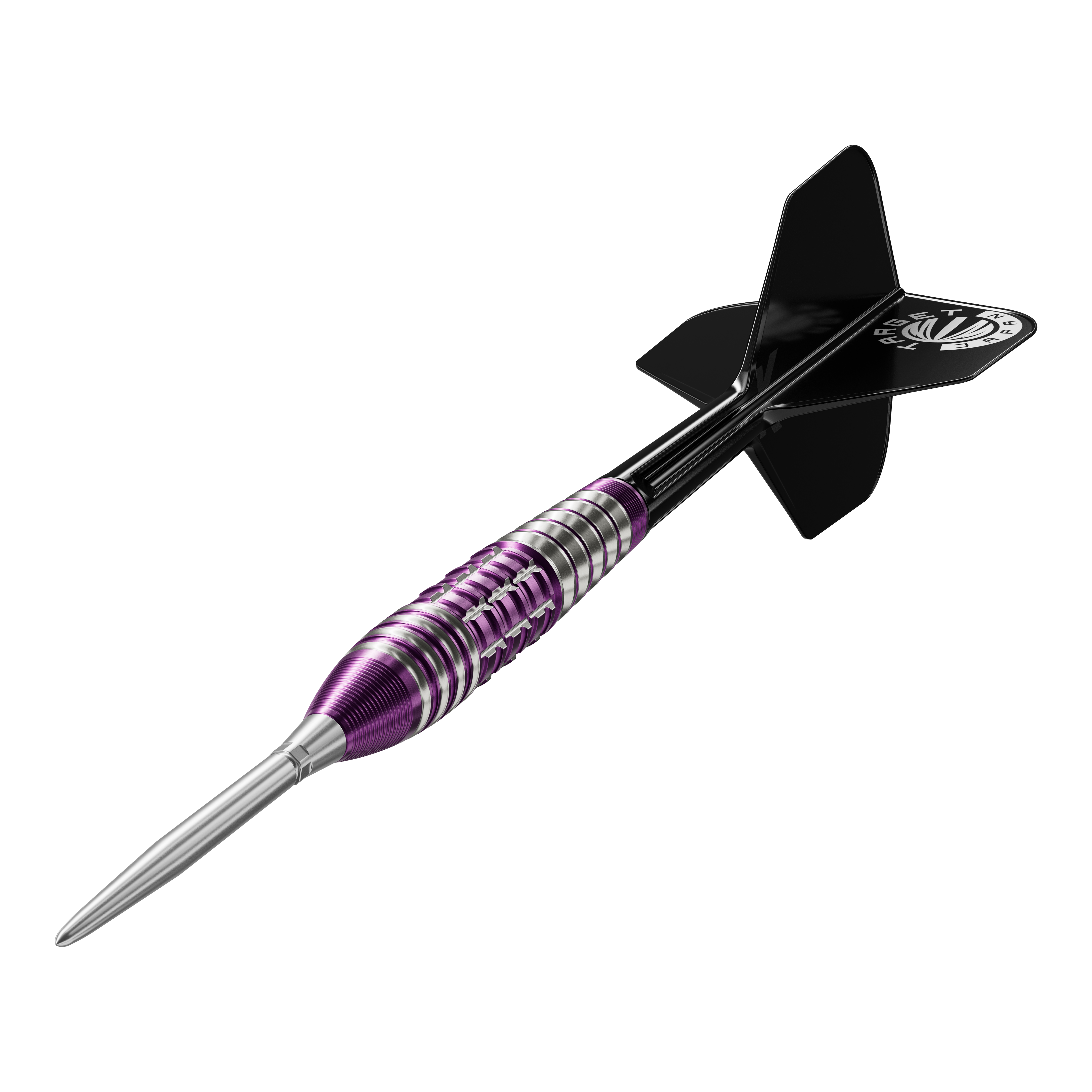 Target Japan Prime Series Tung Suk Zenith GEN1 Swiss Point Steeldarts - 23g Dies ist ein Steeldart aus der Target Japan Prime Serie in der Ausführung "Tung Suk Zenith GEN1 Swiss Point" mit 23g Gewicht. Der Dart hat ein auffälliges Design mit lila und silbernen Ringen und schwarzen Flights.