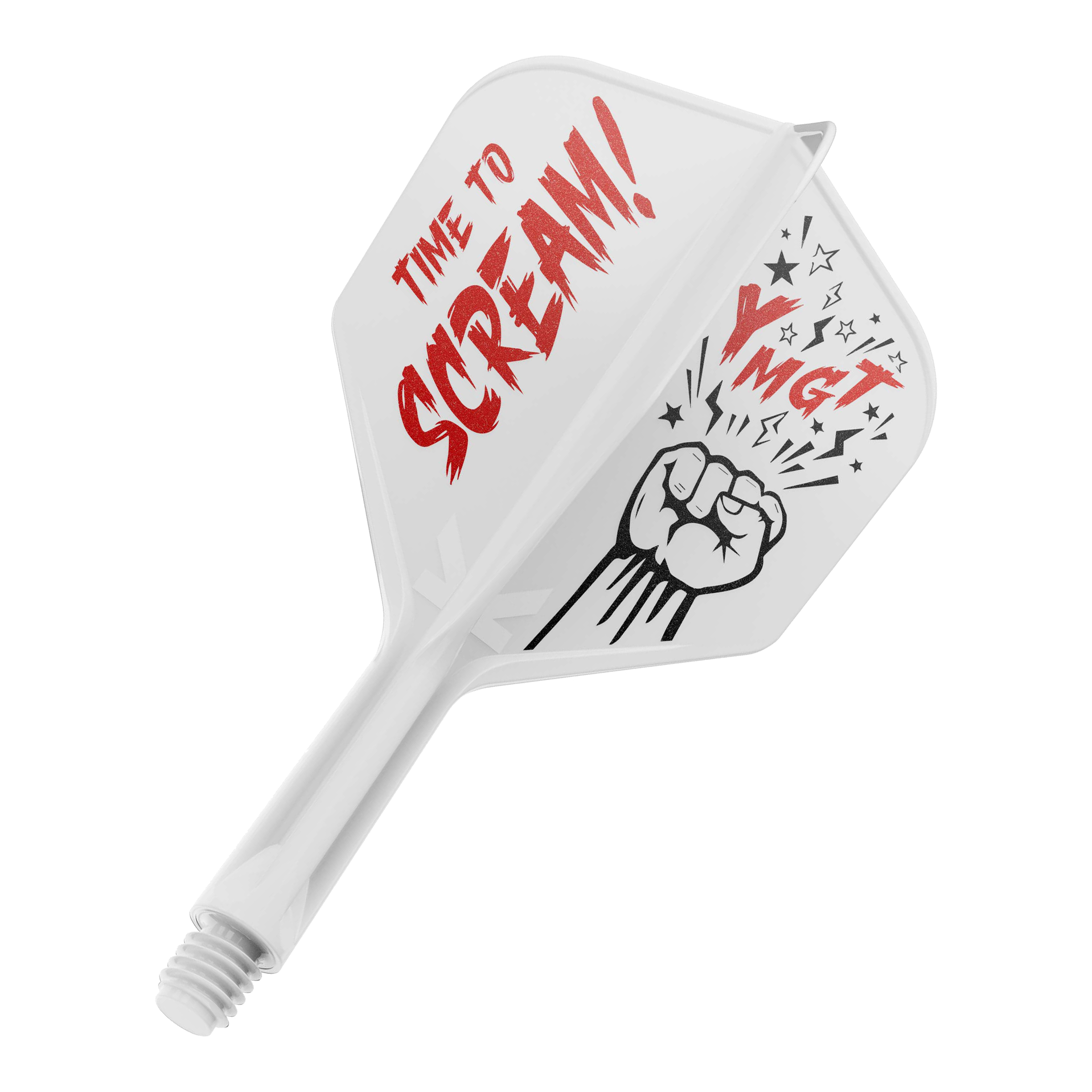 Target Japan K-Flex Scream No6 Flight Shaft System Das Bild zeigt eine Dartflügel- und Schaftkombination in Weiß mit roter und schwarzer Beschriftung. Auf dem Flügel steht "TIME TO SCREAM!" zusammen mit einer gezeichneten Faust und einigen Sternen.