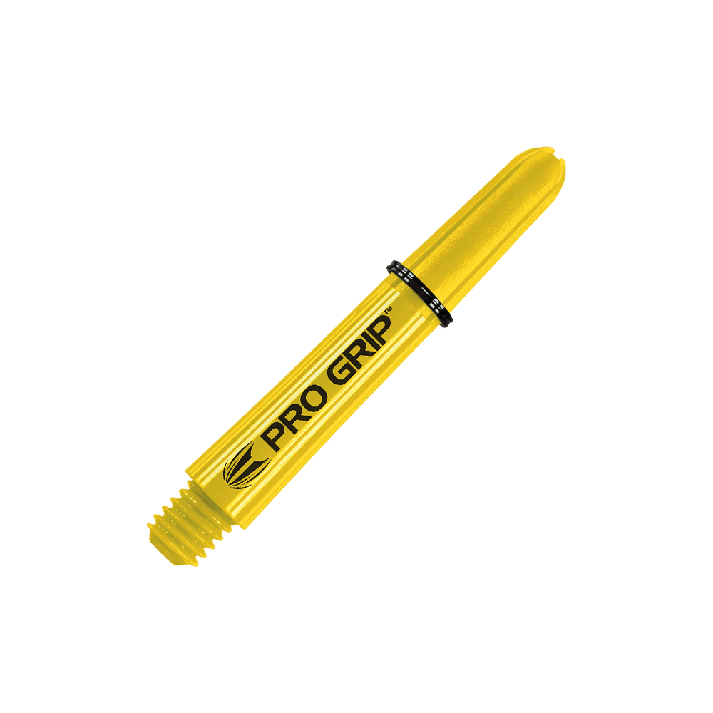 Das Bild zeigt einen gelben Dartshafts mit der Aufschrift "PRO GRIP". Der Schaft ist 34 mm lang und hat einen schwarzen Ring zur Befestigung.