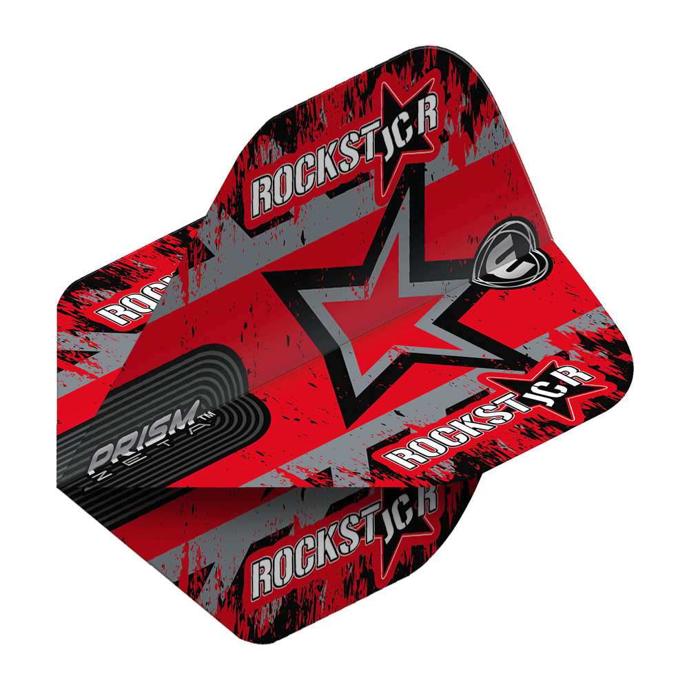 6915-319_Winmau_Prism_Zeta_Joe_Cullen_Star_Standard_Flights_2B7qrHj8v3tTYd Das Bild zeigt die Winmau Prism Zeta Joe Cullen Star Standard Flights. Sie sind rot mit schwarzen und grauen Akzenten und tragen den Schriftzug „Rockstar“ sowie einen großen Stern.