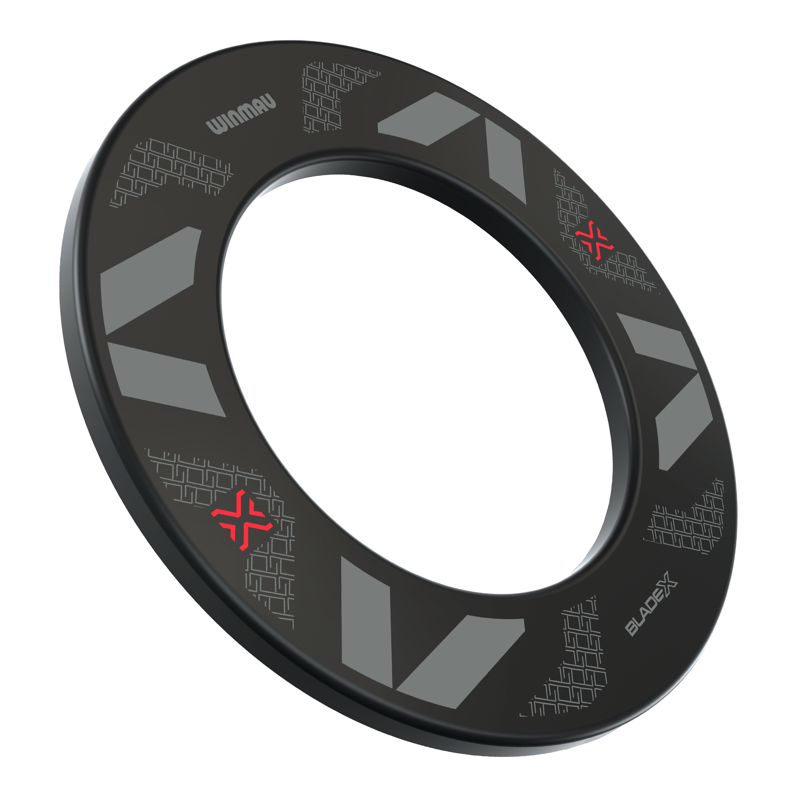 Das Bild zeigt das Produkt Winmau Blade X Dartboard Surround. Es handelt sich um einen schwarzen Dartboard-Surround zur Abdeckung und zum Schutz der Wand.