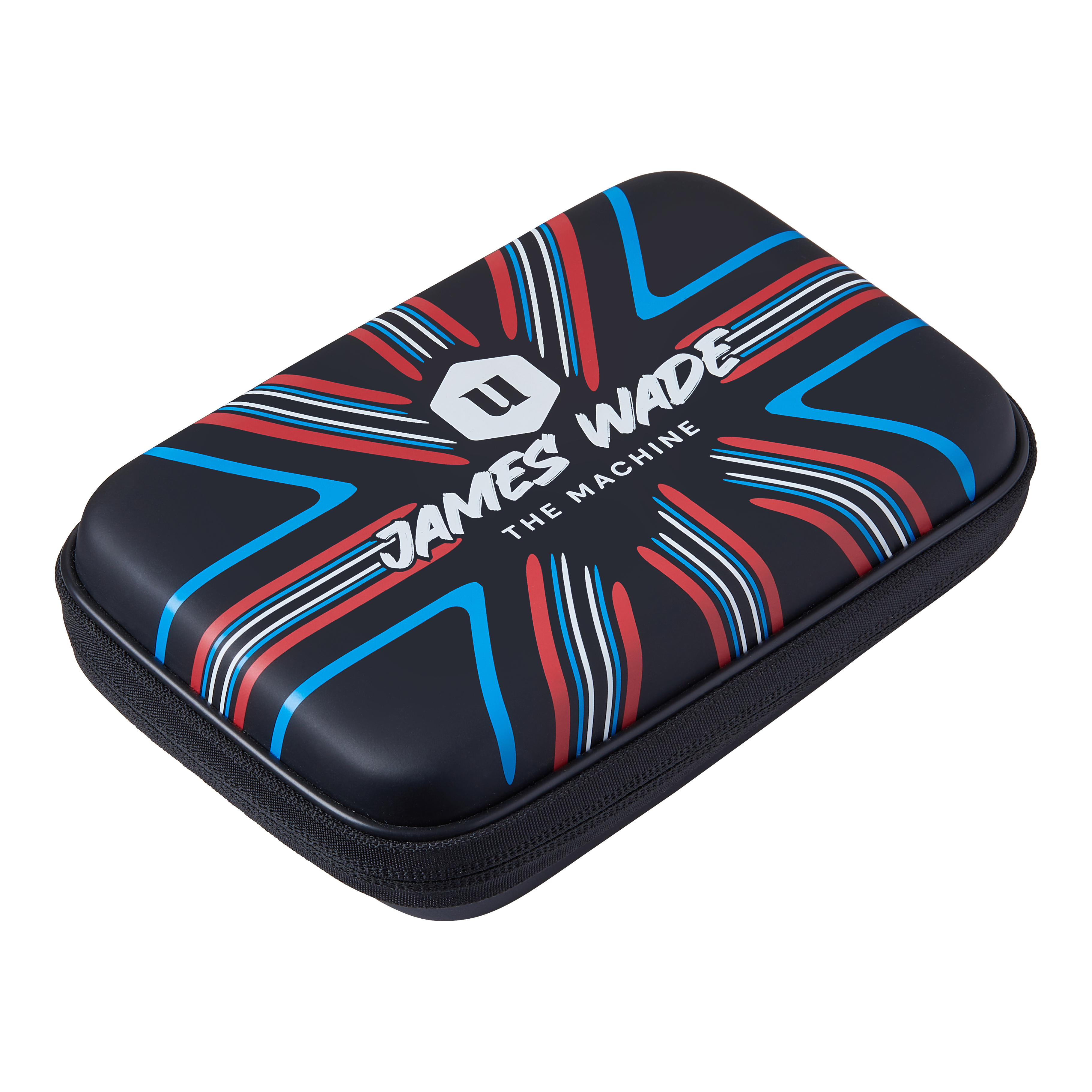 Unicorn Ultra James Wade dart wallet Das Bild zeigt ein Dartwallet mit dem Aufdruck "James Wade The Machine". Das Etui ist schwarz mit roten, blauen und weißen Designelementen.