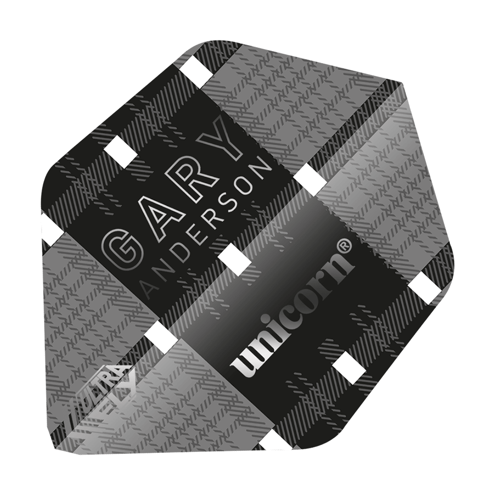 UN24_69031_Unicorn_UltraFly75_Gary_Anderson_World_Champion_Ghost_AR2_Flights_1 Das Bild zeigt ein Dart-Flight mit einem schwarz-grauen Karomuster und dem Namen "Gary Anderson". Auf dem Flight stehen außerdem die Markenbezeichnungen "unicorn" und "Ultra Fly".