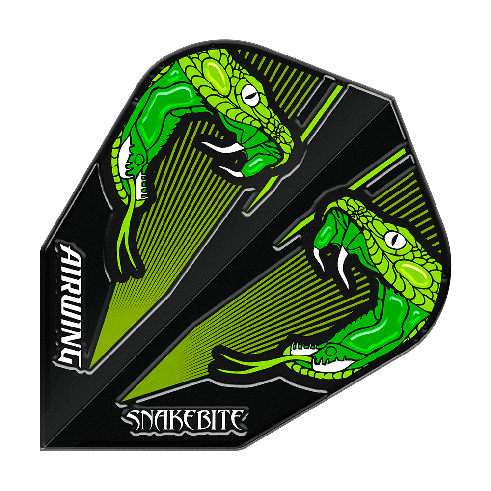 Red Dragon Airwing Peter Wright Green V-Standard Flights Das Bild zeigt einen Dartflight mit zwei grünen Schlangen auf schwarzem Hintergrund. Die Wörter "AIRWING" und "SNAKEBITE" sind auf dem Flight zu sehen.