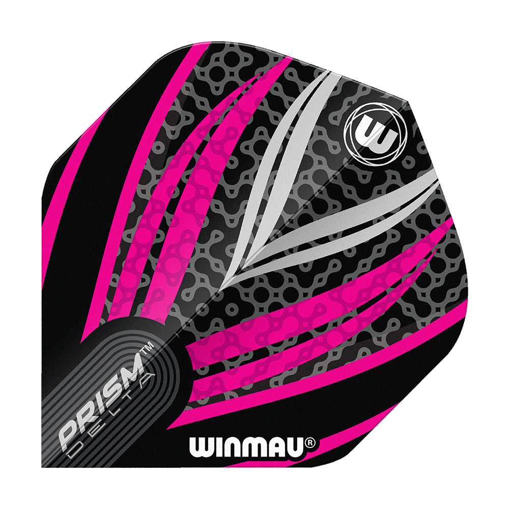 Winmau Prism Delta Black White Pink No. 2 Standard Flights Das Bild zeigt ein Winmau Prism Delta Dart Flight in den Farben Schwarz, Weiß und Pink. Das Flight hat ein modernes Muster mit Linien und dem Winmau-Logo darauf.
