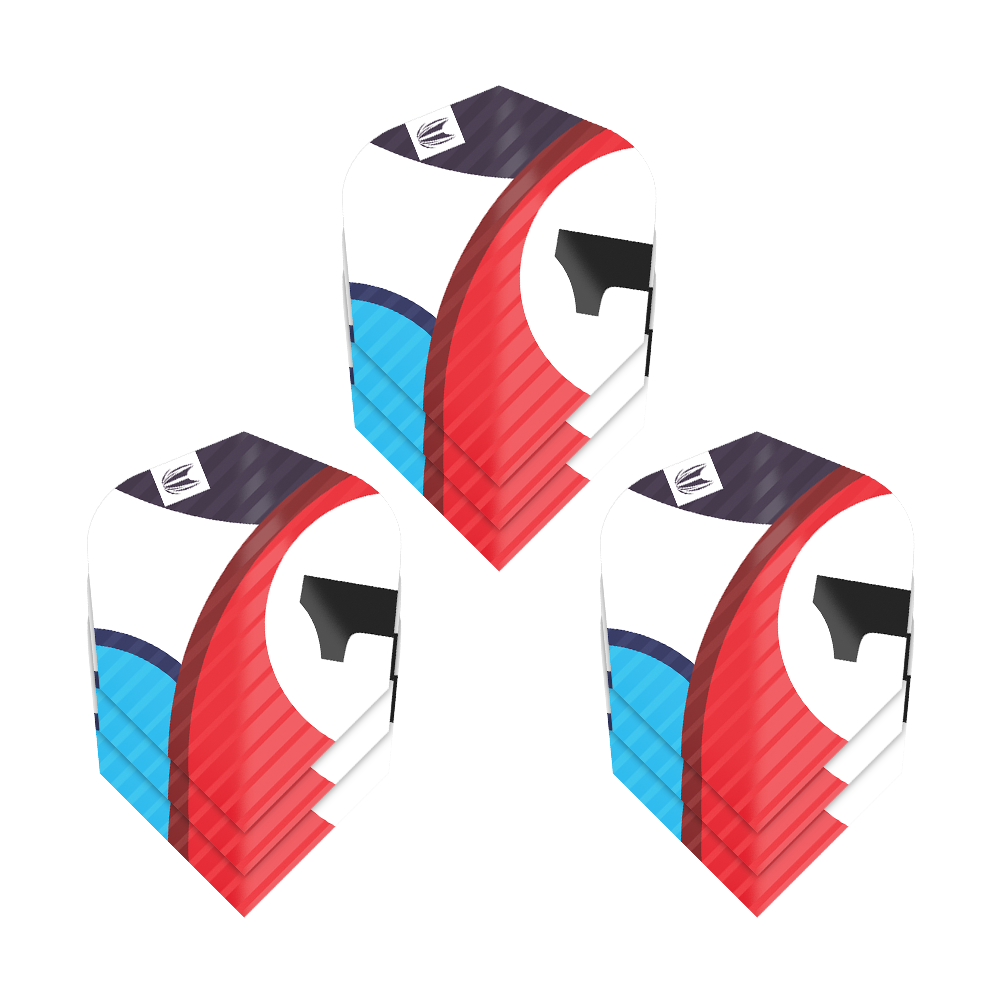 337218_Target_ProUltra_3Sets_Chicane_Blue_Ten-X_Flights_1grjF4XMmxj22l Das Bild zeigt drei Sätze der Target Pro Ultra Chicane Blue Ten-X Flights. Die Flights haben ein farbenfrohes Design mit Blau, Rot, Schwarz und Weiß.