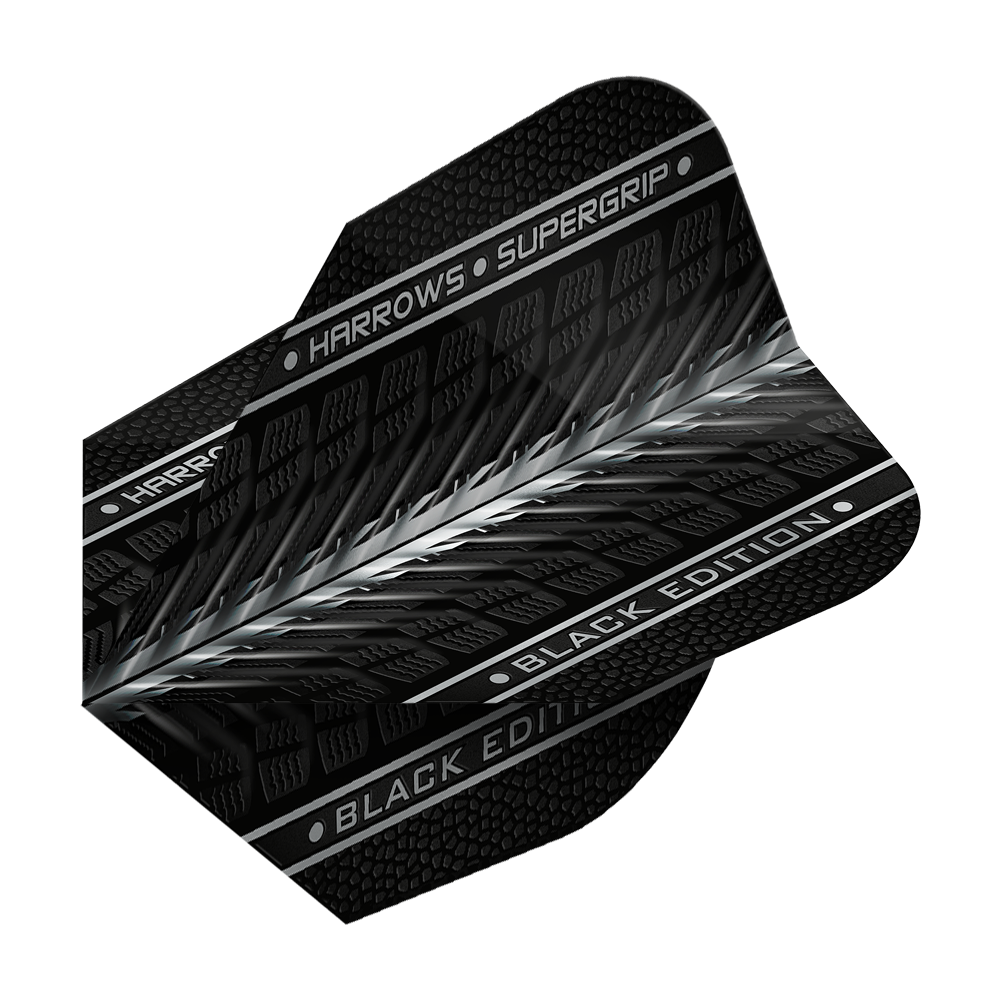 Harrows Supergrip Black Edition No6 Flights Das Bild zeigt das Produkt "Harrows Supergrip Black-Edition No6 Flights" in schwarzem Design. Auf dem Flight sind die Schriftzüge "HARROWS • SUPERGRIP" und "BLACK EDITION" zu sehen.