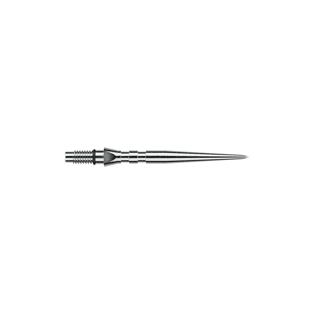 Winmau Switch Point Groove steel dart tips - Silver Effect Das Bild zeigt silberfarbene Steeldartspitzen mit Rillen, vermutlich 'Switch Point Groove Silver Effect' und 26mm lang. Die Spitzen sind für Steeldarts vorgesehen.