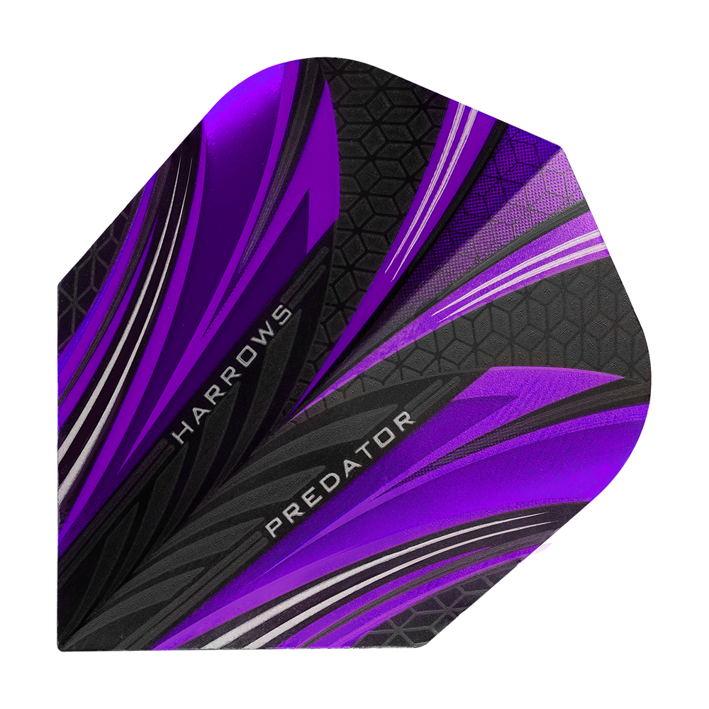 HR7523_Harrows_Prime_Predator_Purple_No2_Standard_Flights_1 Dies ist ein Harrows Prime Predator Purple No2 Standard Flight für Dartpfeile. Das Flight hat ein auffälliges Design in Lila, Schwarz und Silber mit geometrischen Mustern.