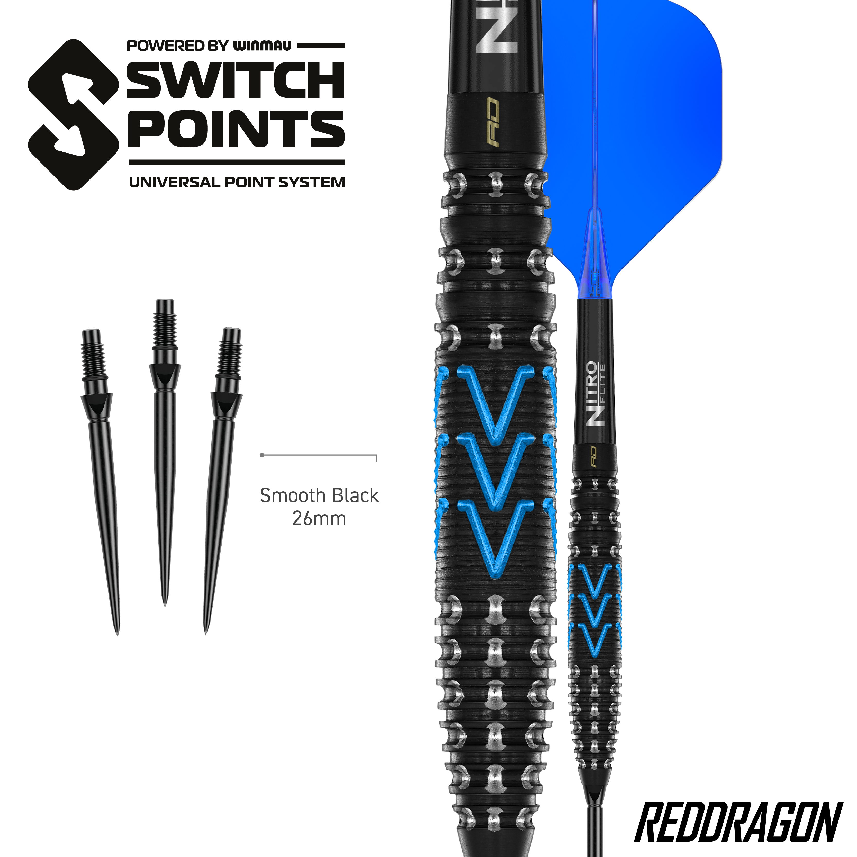 Hier sieht man die Red Dragon AMP Torpedo Switch Point Steeldarts. Diese Darts sind für präzises Werfen entwickelt worden.
