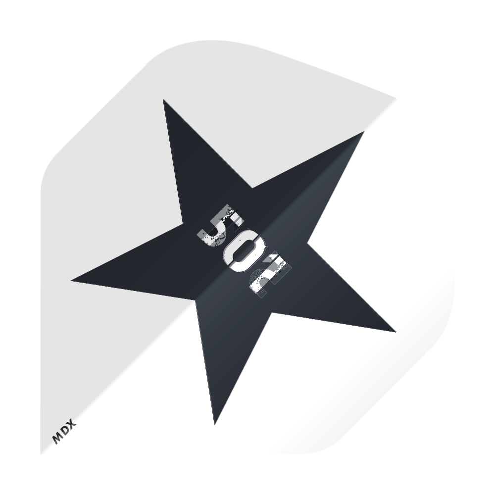 MD-650_2-Seitig_Bedruckte_Clear_Flights_Logo_oder_Bilddruck_3 Das Bild zeigt einen bedruckten Dart-Flight mit einem großen schwarzen Stern in der Mitte. In der Mitte des Sterns steht die Zahl "501", und unten links ist die Aufschrift "MDX" zu sehen.