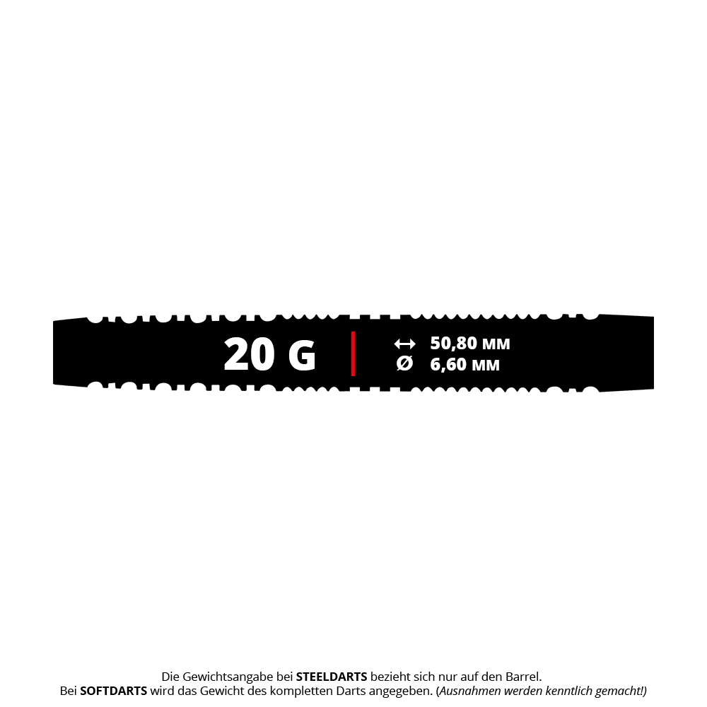 Red Dragon Jonny Clayton Hiraeth Soft Darts - 20g Das Bild zeigt die Produktangaben für die Red Dragon Jonny Clayton Hiraeth Softdarts mit einem Gewicht von 20 Gramm. Die Darts haben eine Länge von 50,80 mm und einen Durchmesser von 6,60 mm.