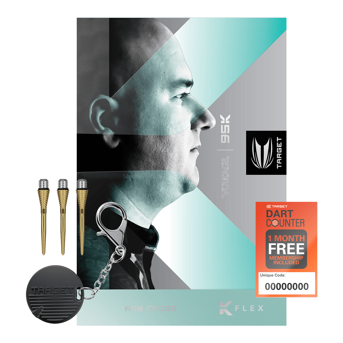 Das Bild zeigt ein Dart-Set mit drei goldenen Dartspitzen, einem Schlüsselanhänger und einer Karte für eine kostenlose einmonatige Mitgliedschaft. Im Hintergrund ist das Profil eines Mannes auf einer illustrierten Verpackung abgebildet.