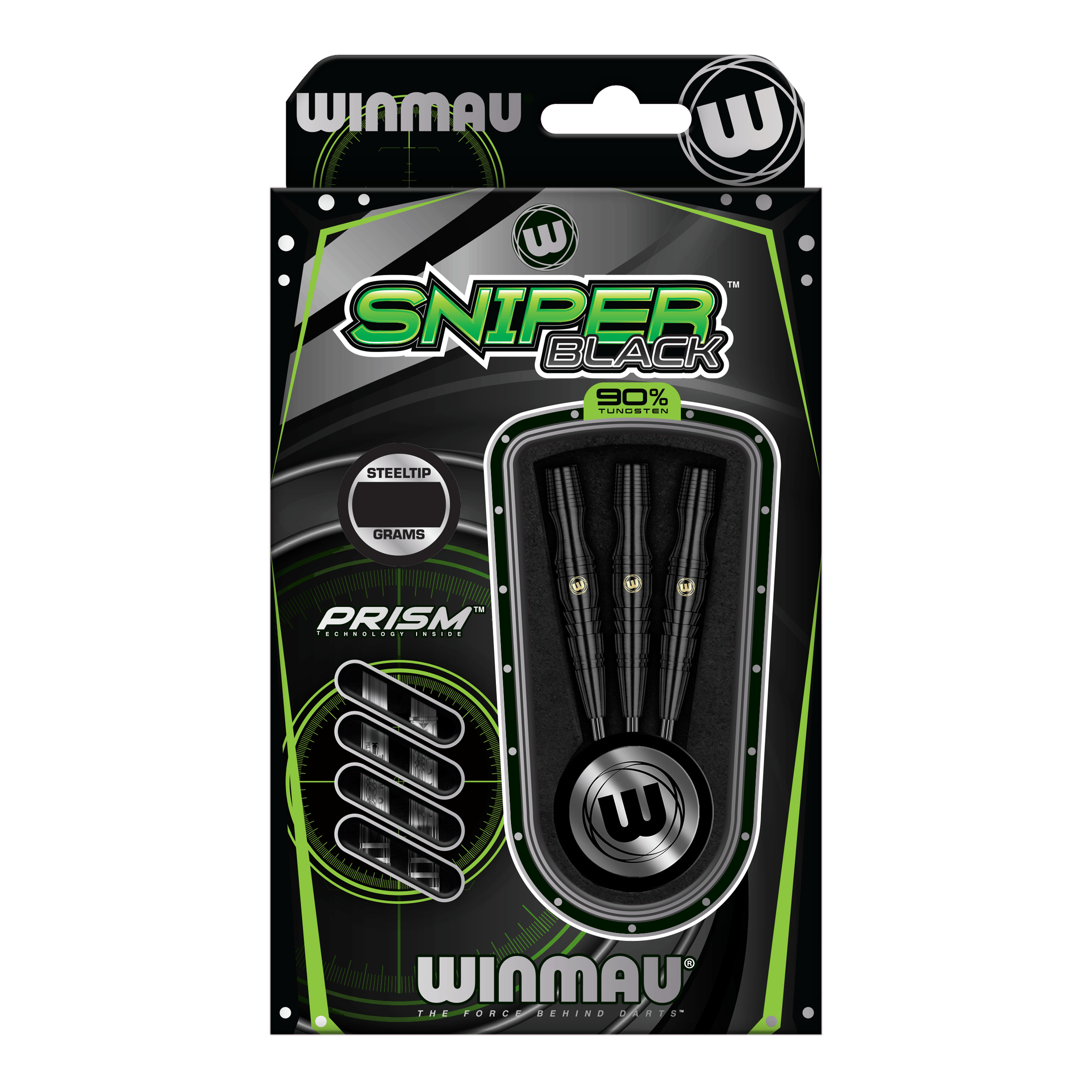 Winmau Sniper Black steel darts Das Bild zeigt eine Verpackung der "Winmau Sniper Black Steeldarts". In der Packung sind drei schwarze Steeldarts mit 90% Tungsten-Anteil zu sehen.