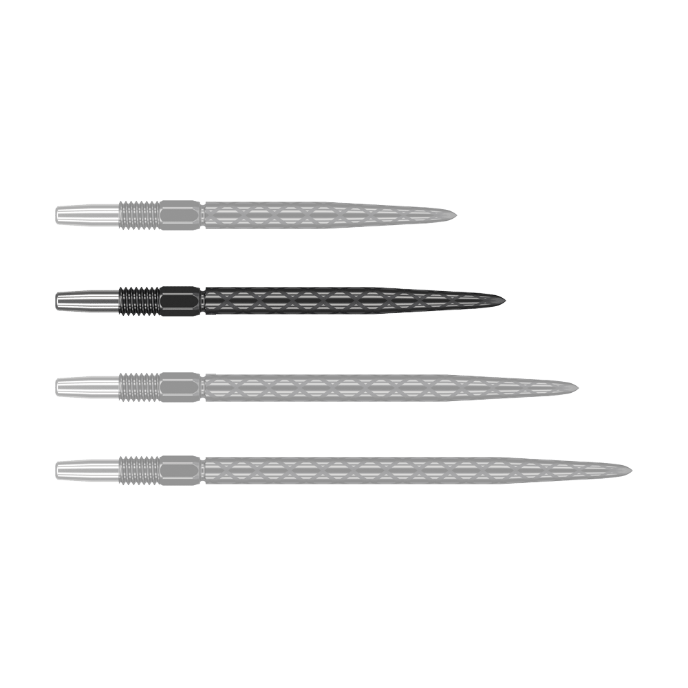Das Bild zeigt vier schwarze Dartspitzen mit silbernem Gewinde, die nebeneinander liegen. Die Spitzen haben eine rautenförmige Struktur entlang des Schafts.