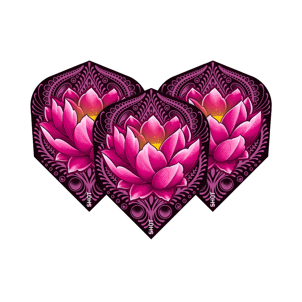 SF5432_Shot_ZEN_Juji_No6_Flights_1XLTRpwWCKrenP Das Bild zeigt drei Dart-Flights mit einem auffälligen pinken Lotusblumen-Design auf dunkelviolettem Hintergrund. Die Produktbezeichnung ist "Shot ZEN Juji No6 Flights".