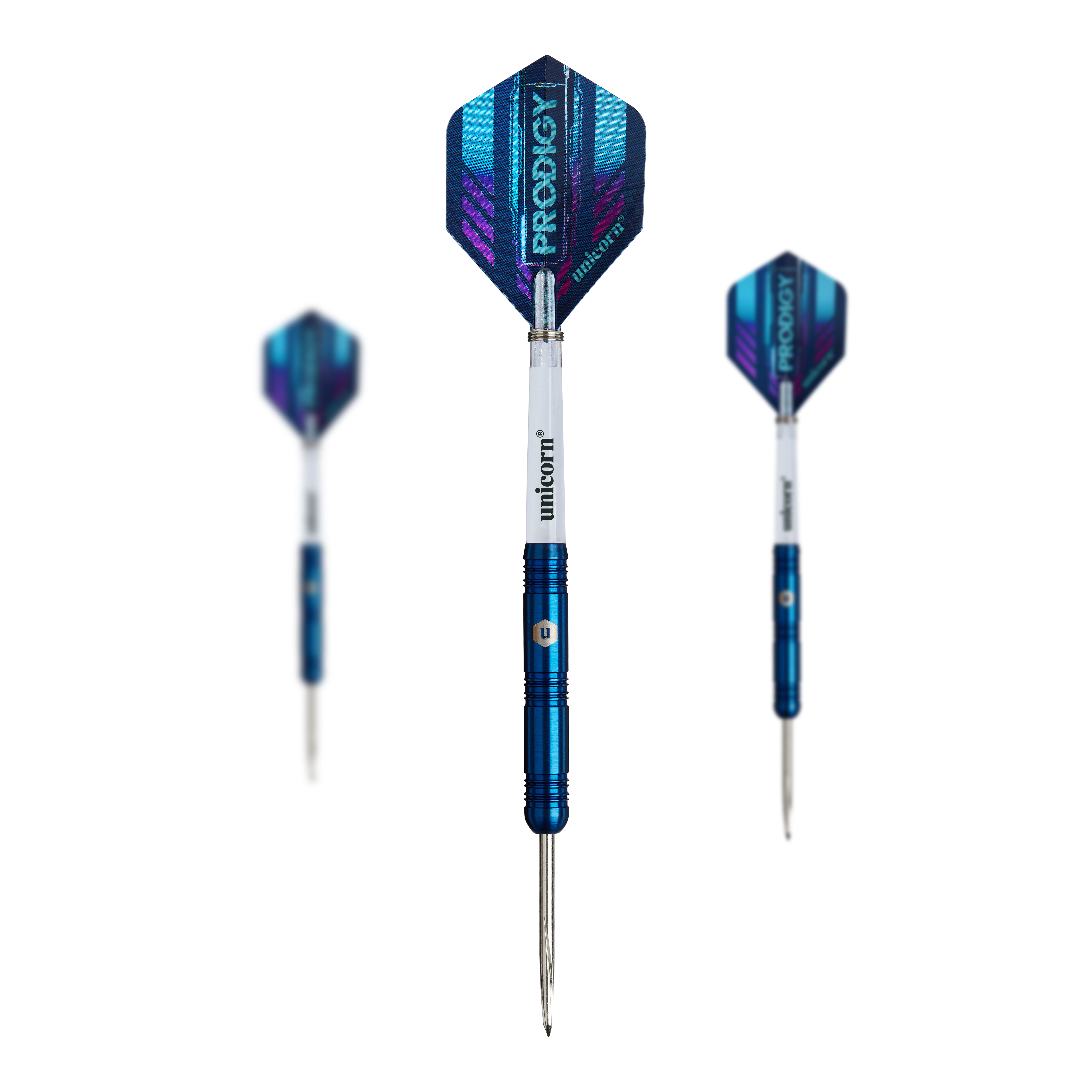 Unicorn Prodigy 01 Parallel Steeldarts Das Bild zeigt drei Steeldarts des Produkts "Unicorn Prodigy 01 Parallel". Die Darts haben blaue Schäfte und weiße Flights mit dem Aufdruck "PRODIGY".