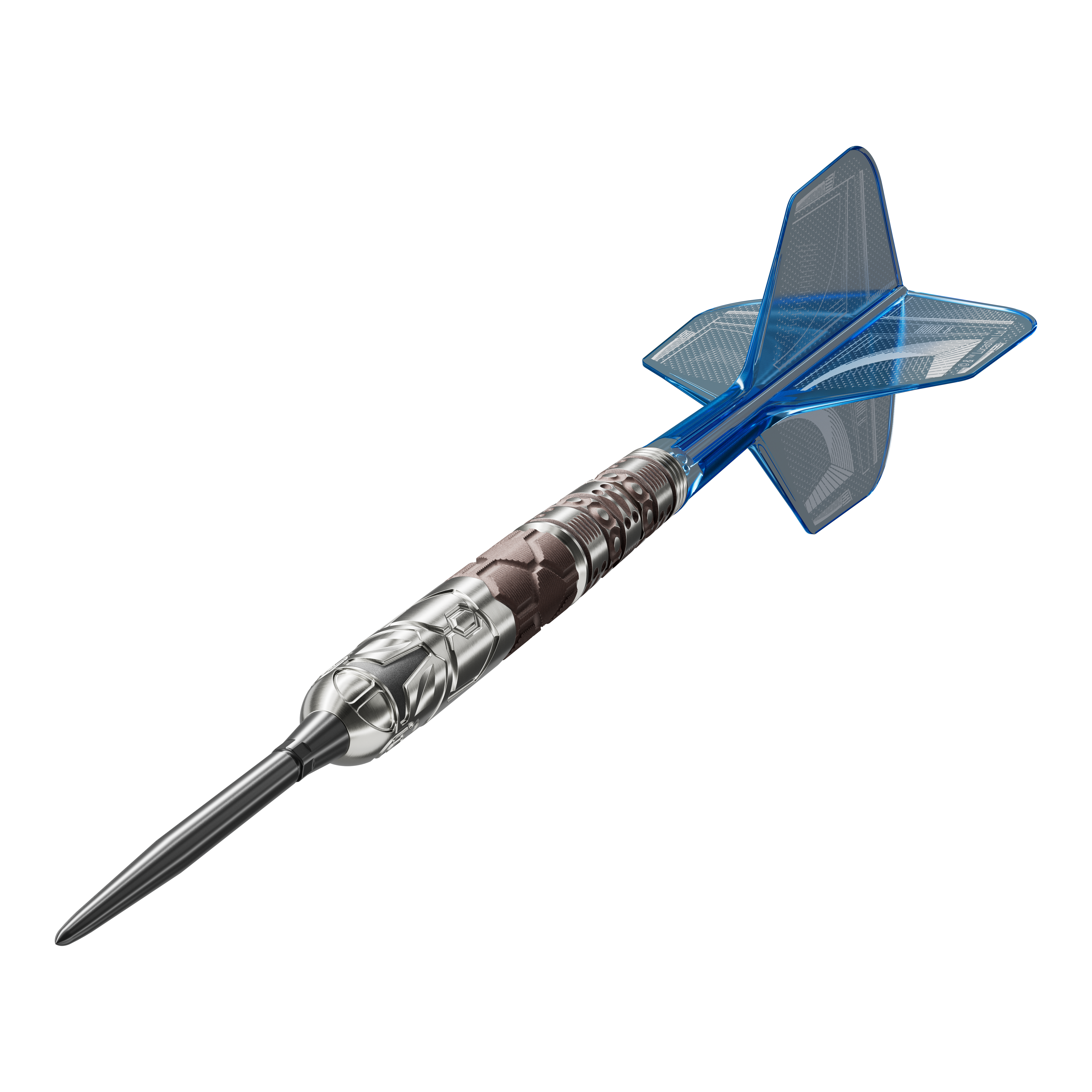 Auf dem Bild sind die Target Star Wars Mandalorian 95 Swiss Point Steeldarts zu sehen. Das Produkt verbindet Qualität mit einem einzigartigen Mandalorian-Look.