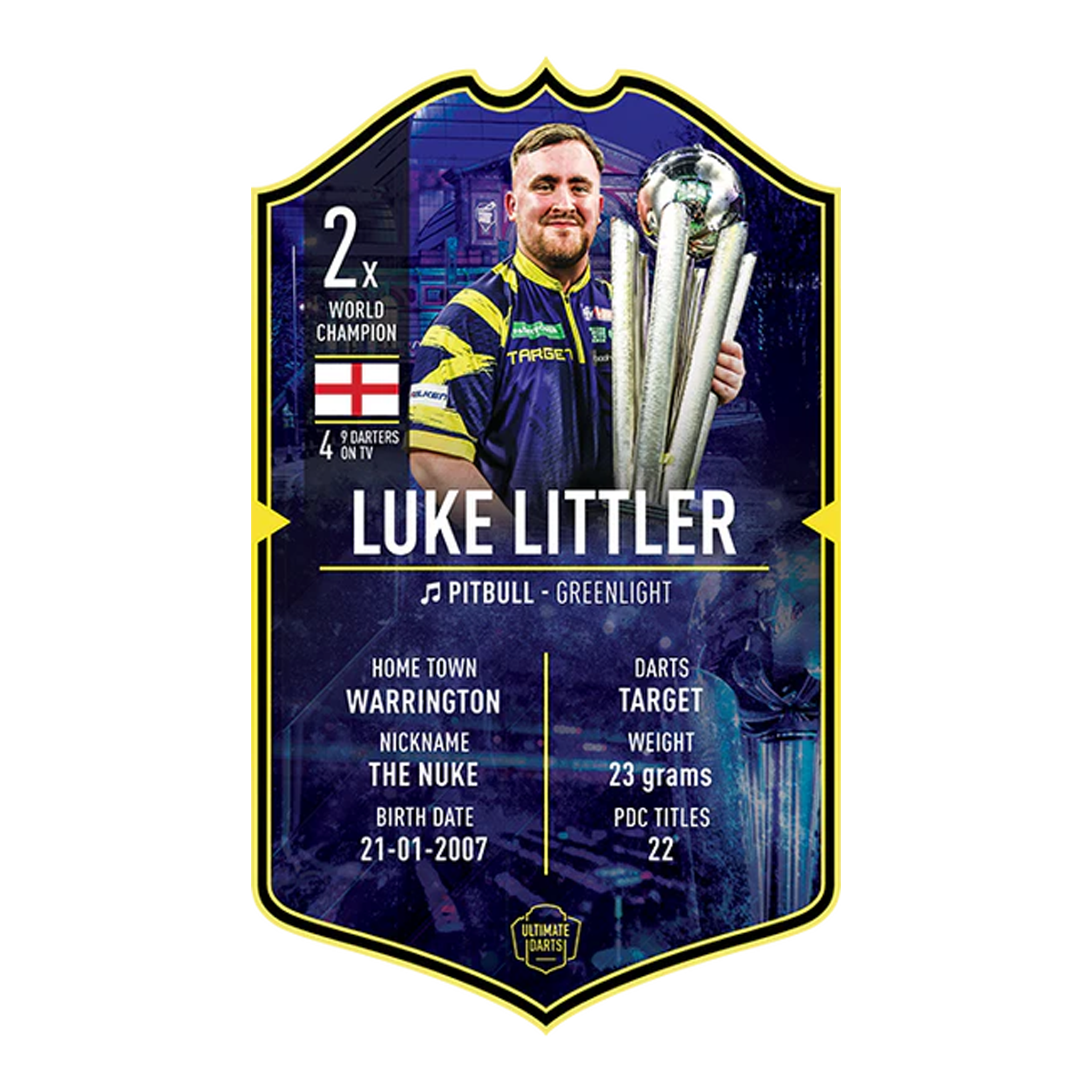Dies ist die Ultimate Darts Card – Luke Littler World Champion 2026. Zu sehen ist die Sammelkarte von Luke Littler als Weltmeister.