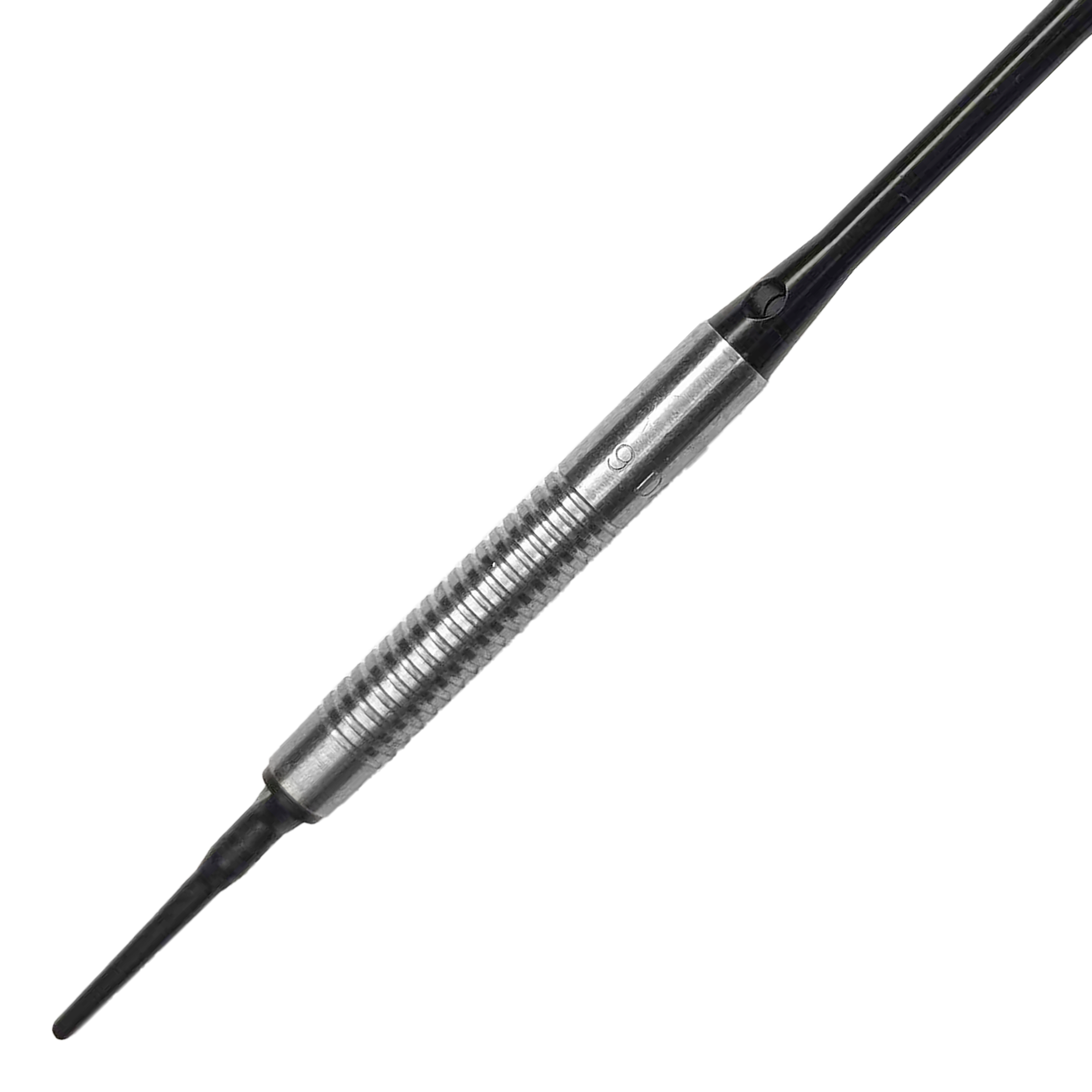 McDart 85 Tungsten V21 soft darts - 18.5g Das Bild zeigt einen McDart 85er Tungsten V21 Softdart mit einem Gewicht von 18,5g. Der Dartpfeil hat eine silberne, gerillte Griffzone und eine schwarze Spitze.