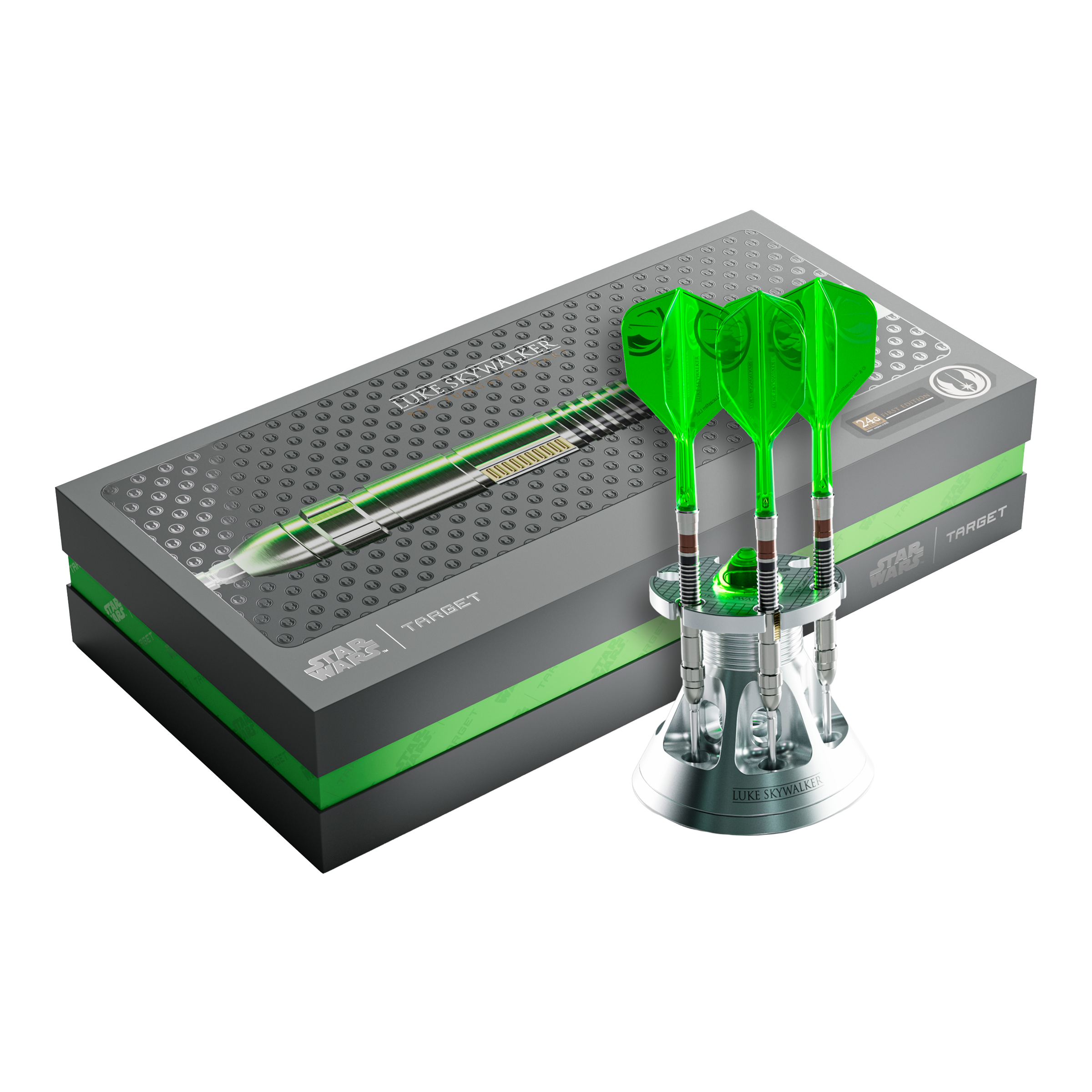 Target Star Wars Luke Skywalker Jedi Knight Lightsaber Limited First Edition Darts - 24g Auf dem Bild befinden sich die Target Star Wars Luke Skywalker The Jedi Knight Light Saber Limited Edition Steeldarts - 24g. Diese limitierte Edition ist für Fans von Star Wars und Dartspieler geeignet.