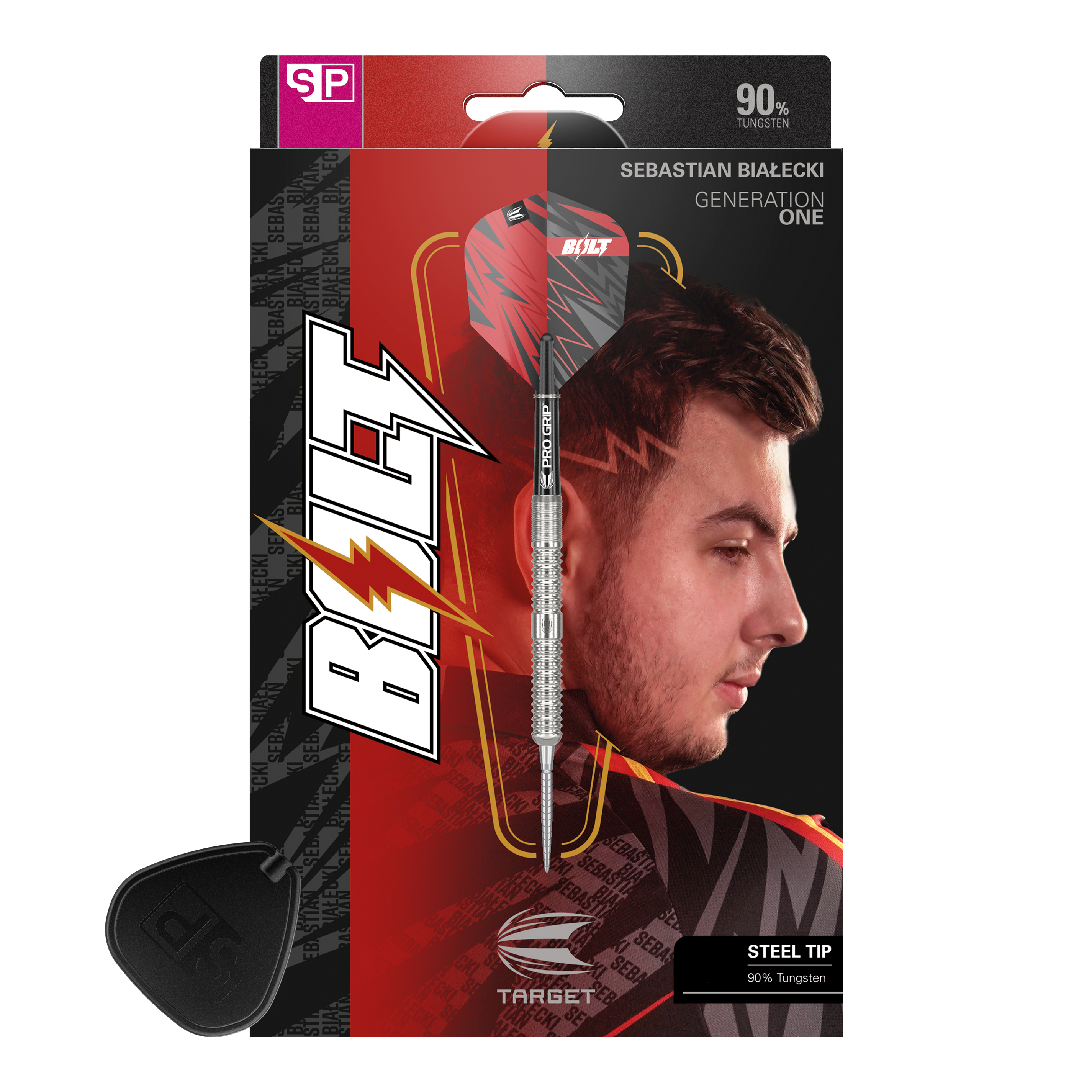 Target Sebastian Bialecki GEN1 Swiss Point Steeldarts - 22g Das Bild zeigt die Verpackung der "Target Sebastian Bialecki GEN1 Swiss Point Steeldarts - 22g". Auf der Verpackung ist ein Dartpfeil sowie das Porträt eines Mannes zu sehen.