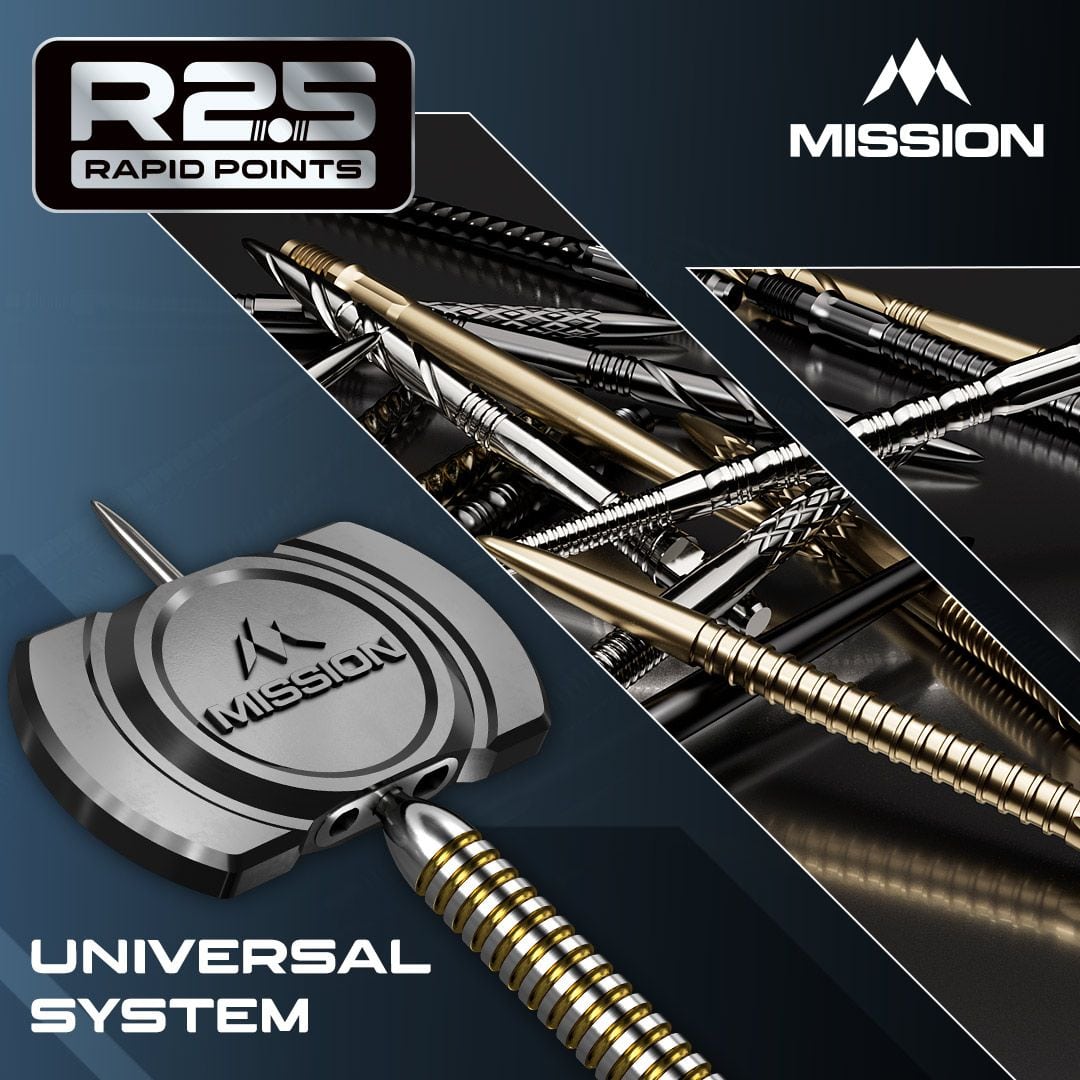 Mission R2.5 Rapid Point DSX Dart Tips - Black Die Abbildung zeigt die Mission R2.5 Rapid Point GV1 Dartspitzen in Silber. Es sind speziell designte Dartspitzen für Präzision und Haltbarkeit.