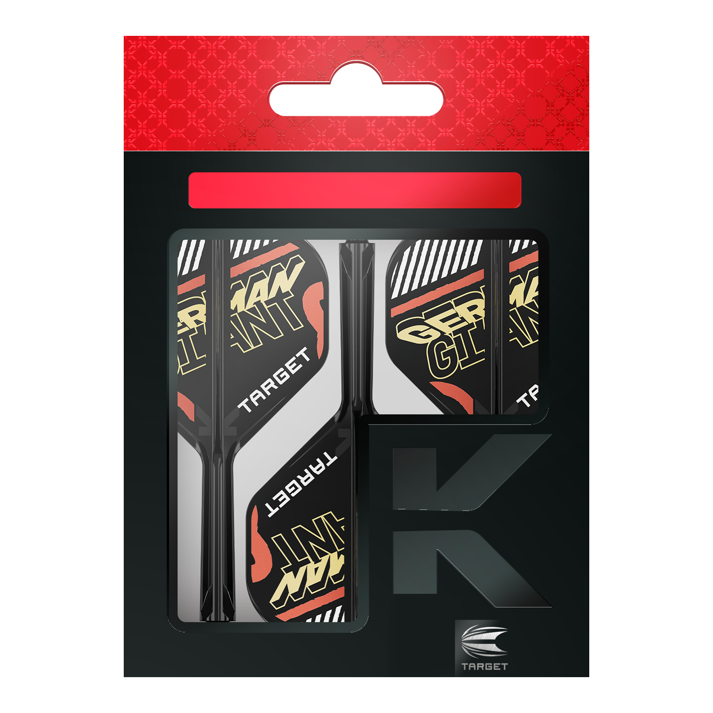 Target K-Flex Gabriel Clemens No2 Standard Flight Shaft System Auf dem Bild ist eine Verpackung mit Dart-Flights und Schäften der Marke Target zu sehen. Auf den Flights steht in gelber Schrift "GERMAN GIANT".