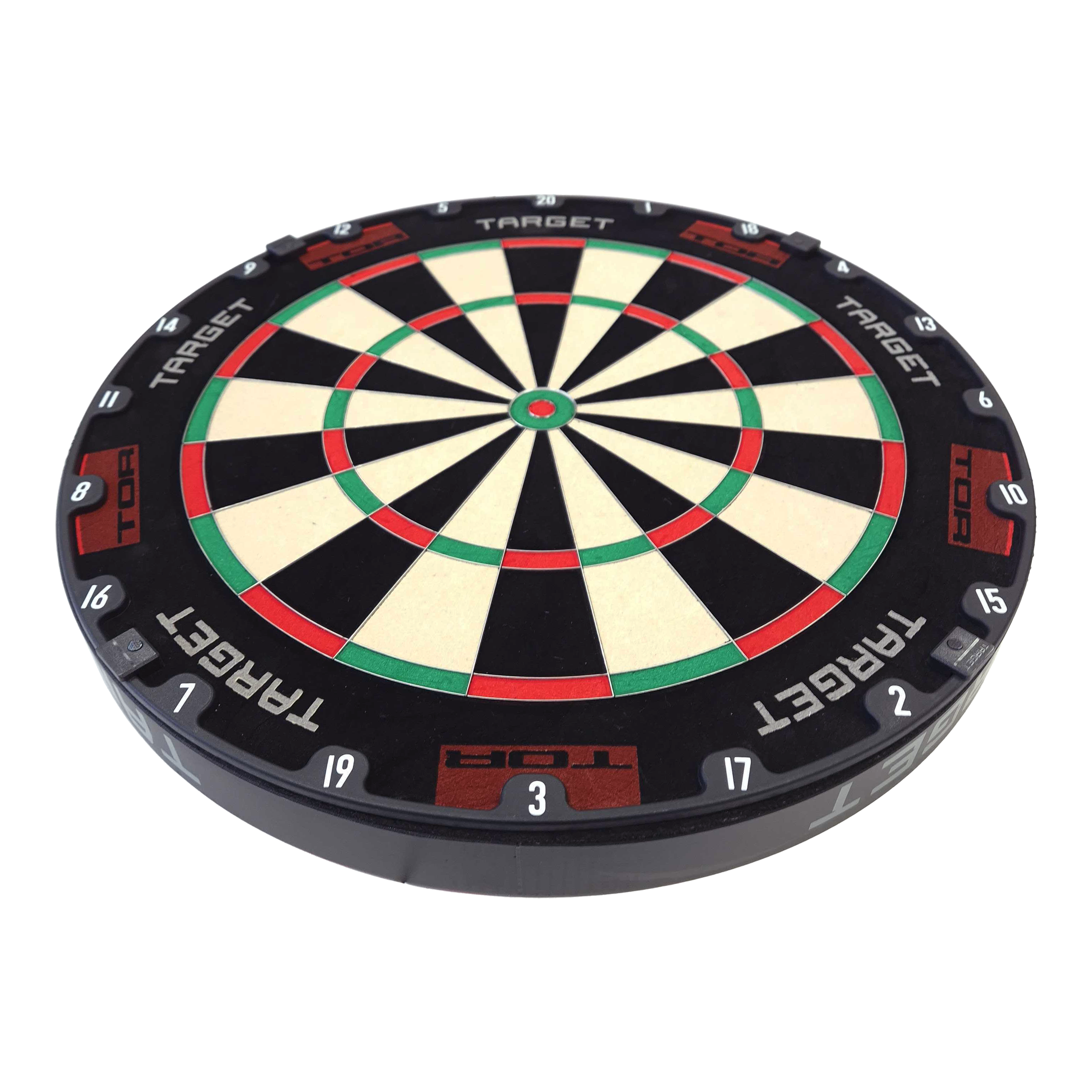 Target TOR Steel Dartboard Das Bild zeigt eine Target TOR Steeldartboard. Die Dartscheibe hat ein klassisches Design mit schwarzen, weißen, roten und grünen Feldern.