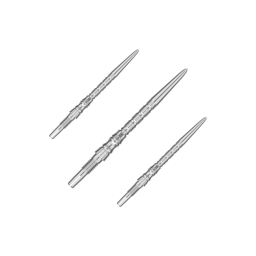 Target Signature Swiss Point TRB steel dart tips - silver Mehrere silberne Dartspitzen sind nebeneinander zu sehen. Es handelt sich um ein Set der 'Target SwissPoint Signature TRB' Dartspitzen mit 30 mm Länge.