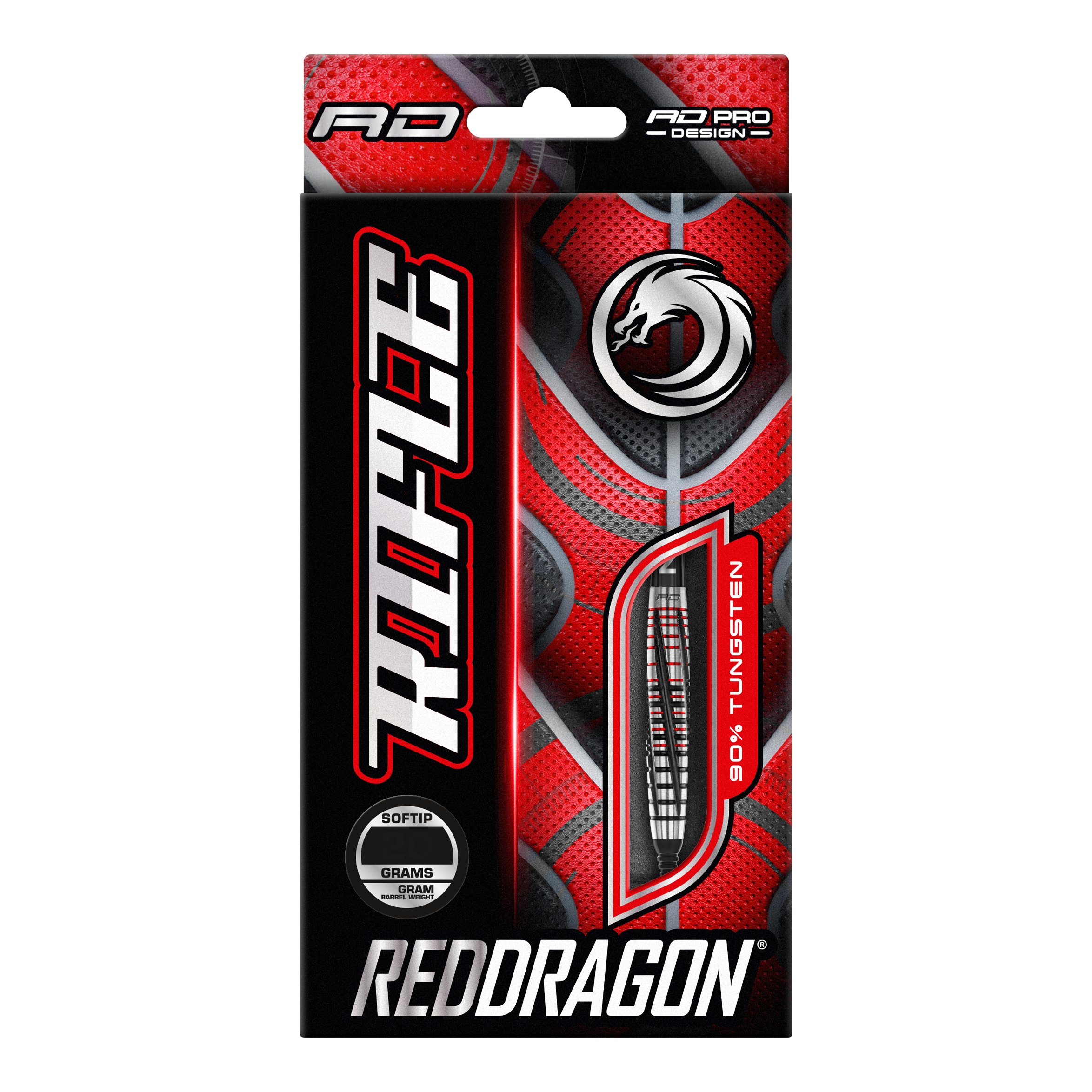 Red Dragon Rifle Soft Darts - 20g Die Abbildung zeigt die Verpackung der "Red Dragon Rifle Softdarts - 20g". Das Design ist auffällig in Rot und Schwarz gehalten und zeigt eine Abbildung eines Dartpfeils.