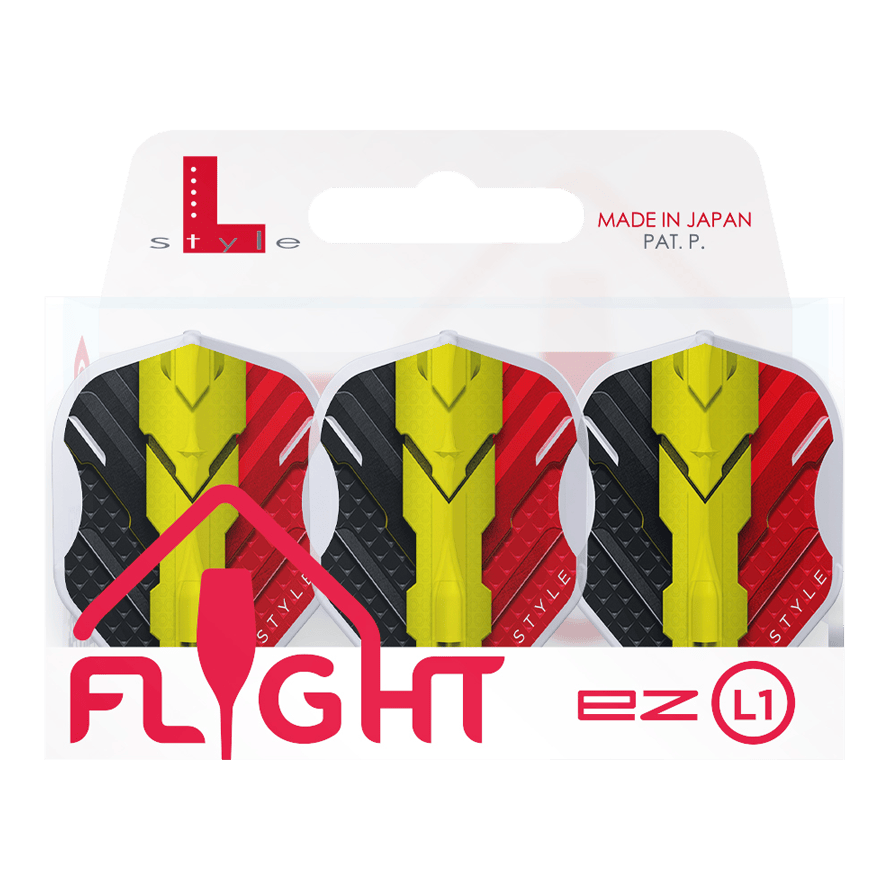 L-Style V-Series V1 Type C Belgium Clear White L1EZ Flights Das Bild zeigt eine Packung mit drei L-Style V-Series V1 Type C Belgium Clear White L1EZ Flights. Die Flights sind in den Farben Schwarz, Gelb und Rot gestaltet und werden in einer Verpackung mit der Aufschrift "Made in Japan" präsentiert.