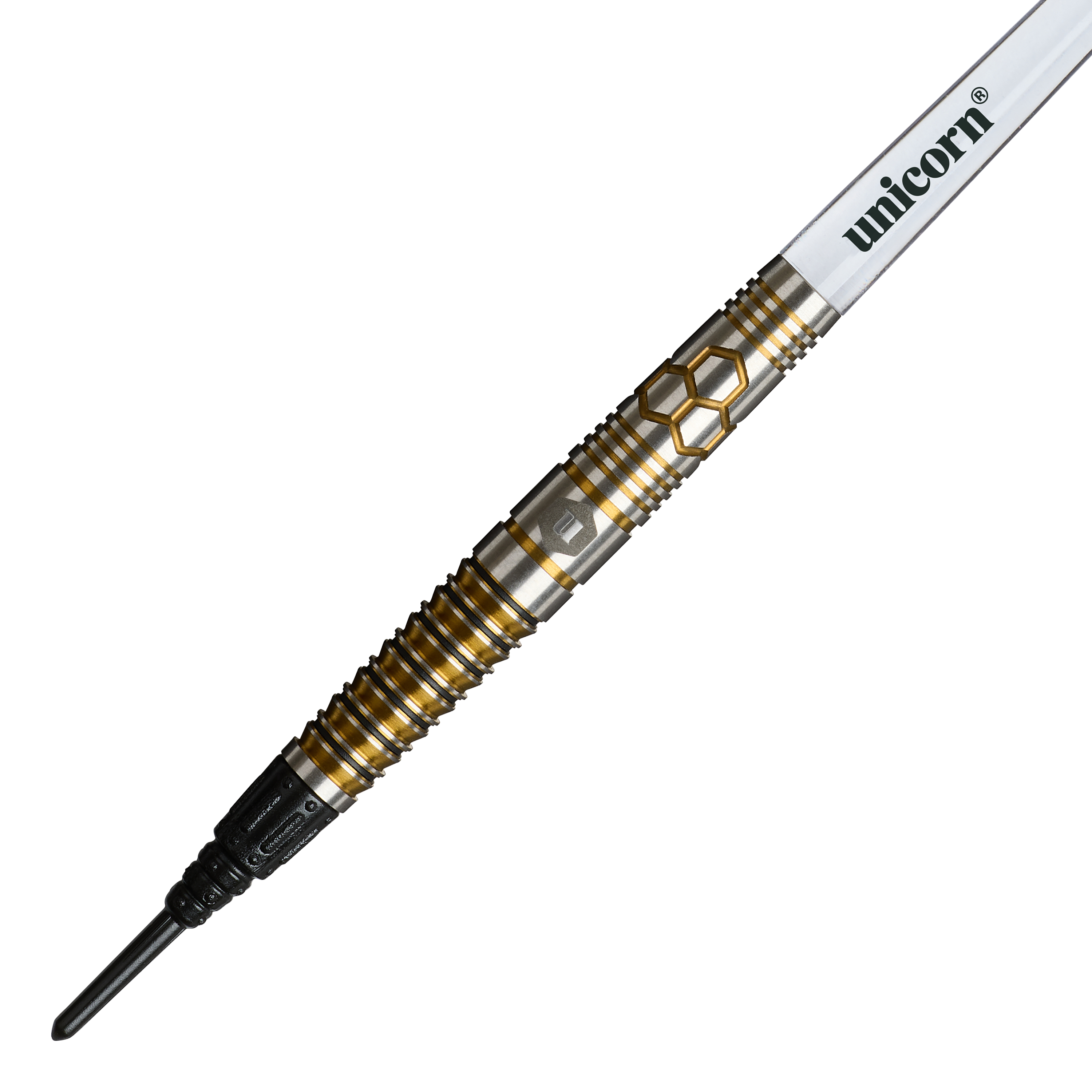 Das Foto zeigt Unicorn Hexium Style 03 Gold & Black Softdarts, 23g. Die Darts haben ein modernes Muster in Gold und Schwarz.