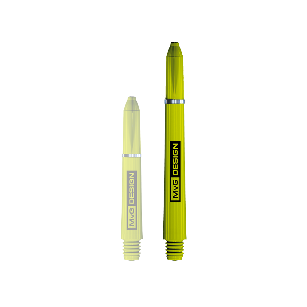Das Bild zeigt zwei Winmau Nylon Ring Grip MvG Design Shafts in leuchtendem Gelb. Beide Shafts haben ein schwarzes „MvG DESIGN“-Logo aufgedruckt.