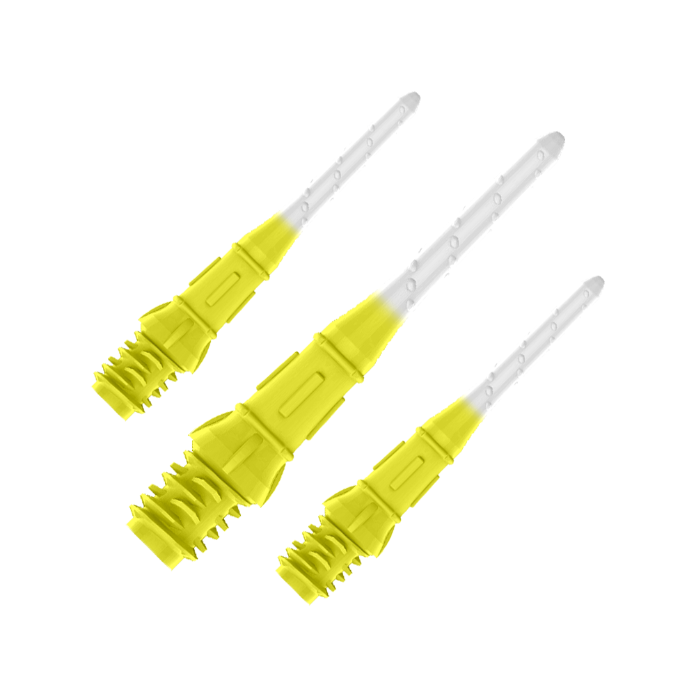 L-Style Premium Two Tone Lippoints (Pack of 30) Auf dem Bild sind drei gelb-weiße Dartspitzen zu sehen. Sie sind nebeneinander angeordnet und wirken modern sowie hochwertig verarbeitet.