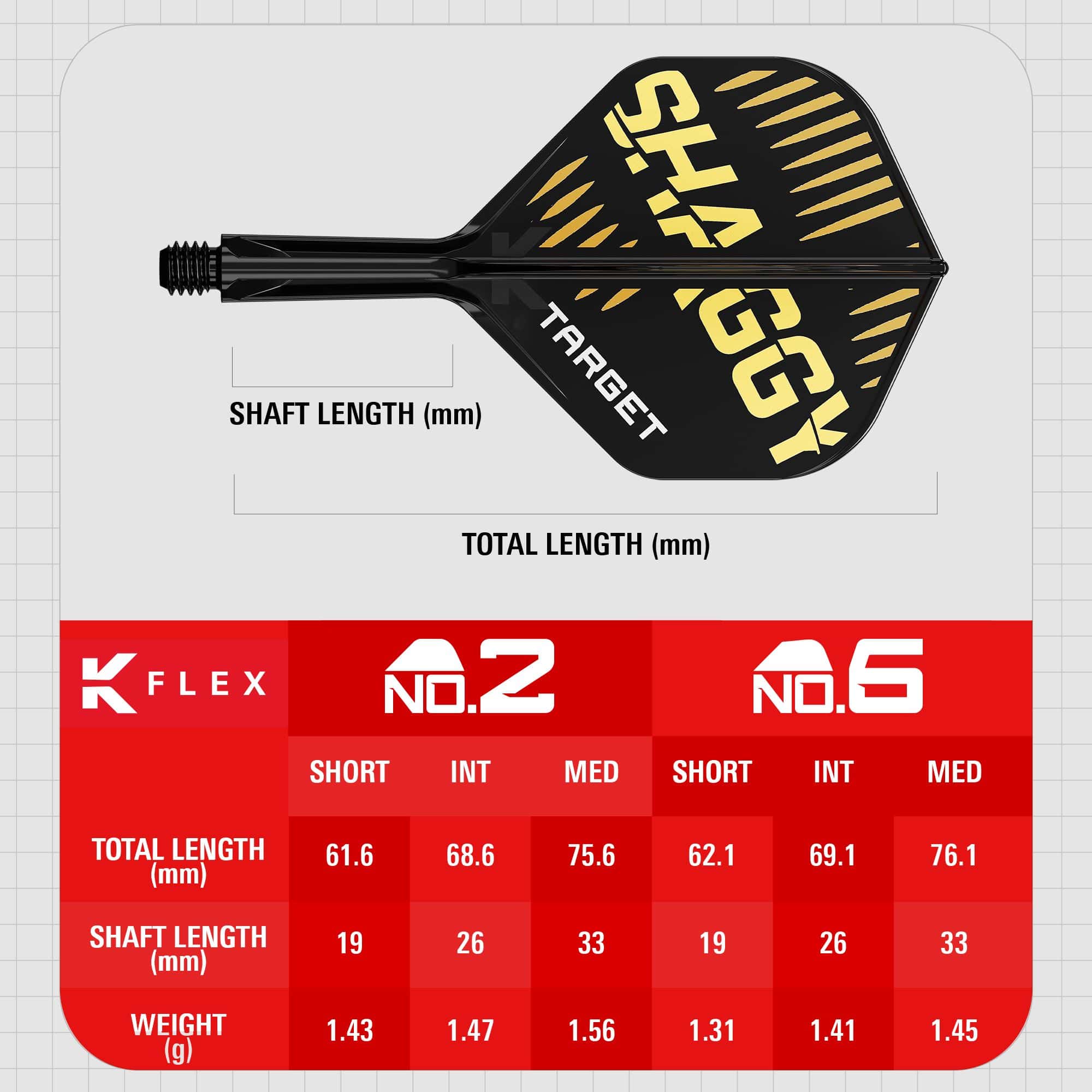 Target K-Flex Scott Williams No2 Standard Flight Shaft System Das Bild zeigt das Produkt "Target K-Flex Scott Williams No2 Standard Flights" mit einem schwarzen und goldenen Design. Unten sind die Maße für verschiedene Längen und Gewichte der Flights in einer Tabelle dargestellt.