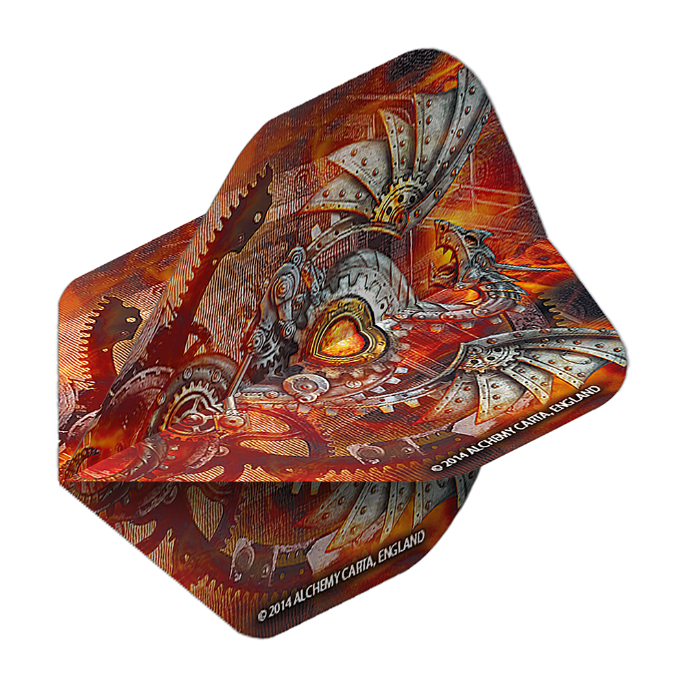 Alchemy Tech Dragon No2 Standard Flights Das Bild zeigt ein Dart-Flight mit einem detailreichen, mechanischen Drachenmotiv in Rot- und Metalltönen. Auf dem Flight steht "2014 ALCHEMY CARTA, ENGLAND" geschrieben.