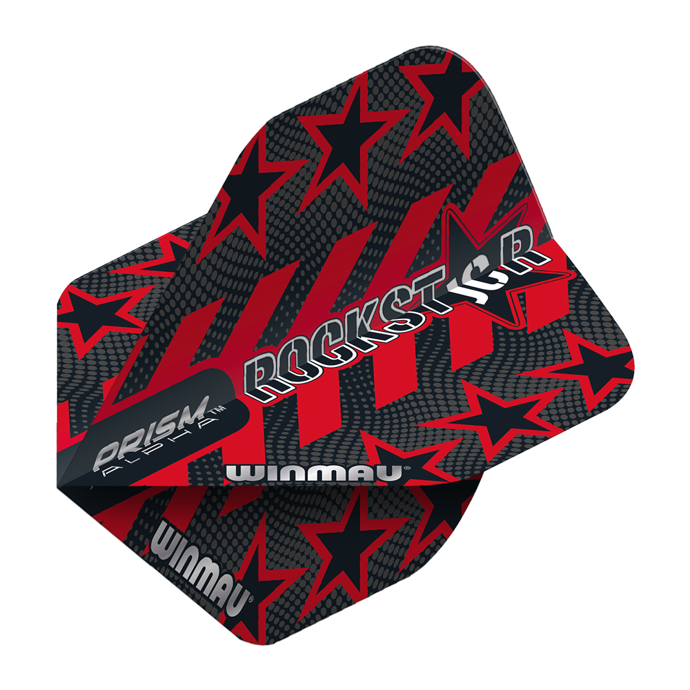 6915-198_Winmau_Prism_Alpha_Joe_Cullen_Standard_Flights_28jSQ3fPJvMkNS Das Bild zeigt die Dartflights "Winmau Prism Alpha Joe Cullen Standard Flights". Das Design ist schwarz-rot mit auffälligen Sternen und dem Schriftzug "ROCKSTAR".