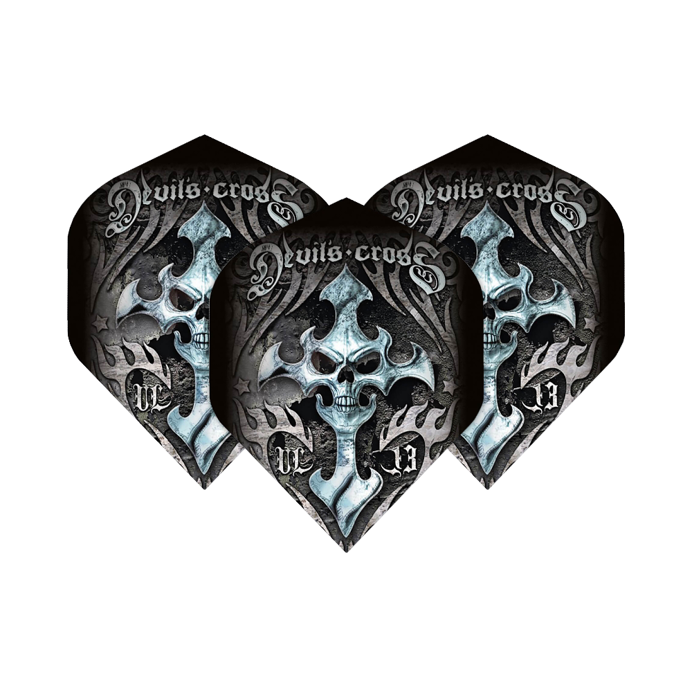 ALC1_Alchemy_Devils_Cross_Standard_Flights_1C1ehztmsGYyn6 Das Bild zeigt drei Dartflights mit dem Namen "Alchemy Devils Cross No2 Standard Flights". Das Design ist dunkel und zeigt einen Totenkopf mit Kreuzmotiv und dem Schriftzug "Devils Cross".