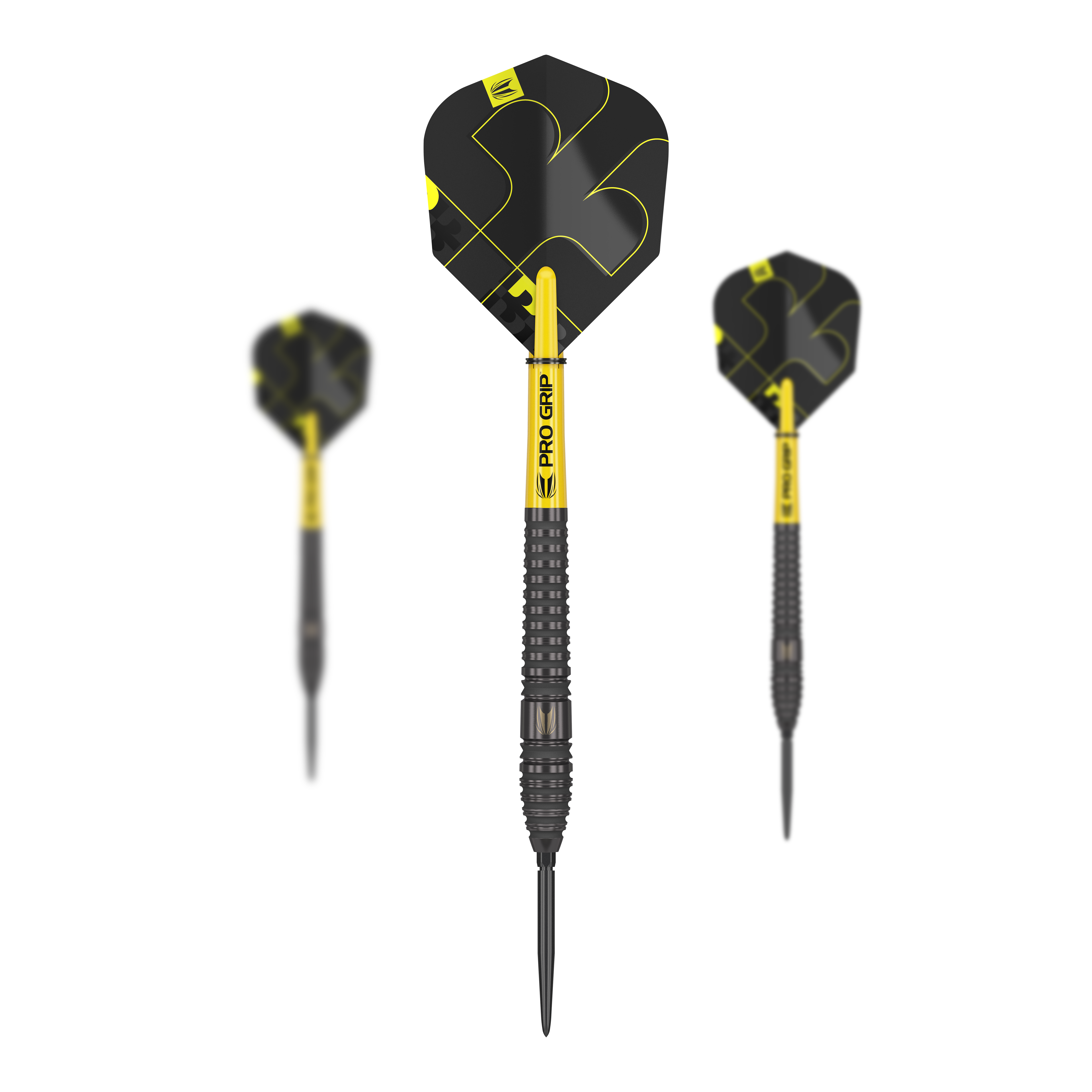 Target Bolide Void 03 Swiss Point steel darts Das Bild zeigt drei Steeldarts des Produkts "Target Bolide Void 03 Swiss Point". Die Darts sind schwarz-gelb und haben den Schriftzug "Pro Grip" auf dem Schaft.
