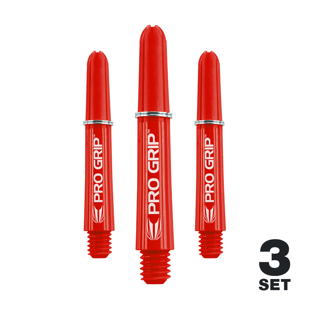 Das Bild zeigt drei rote Pro Grip Dart-Schäfte, die nebeneinander stehen. In der rechten unteren Ecke steht "3 Set".