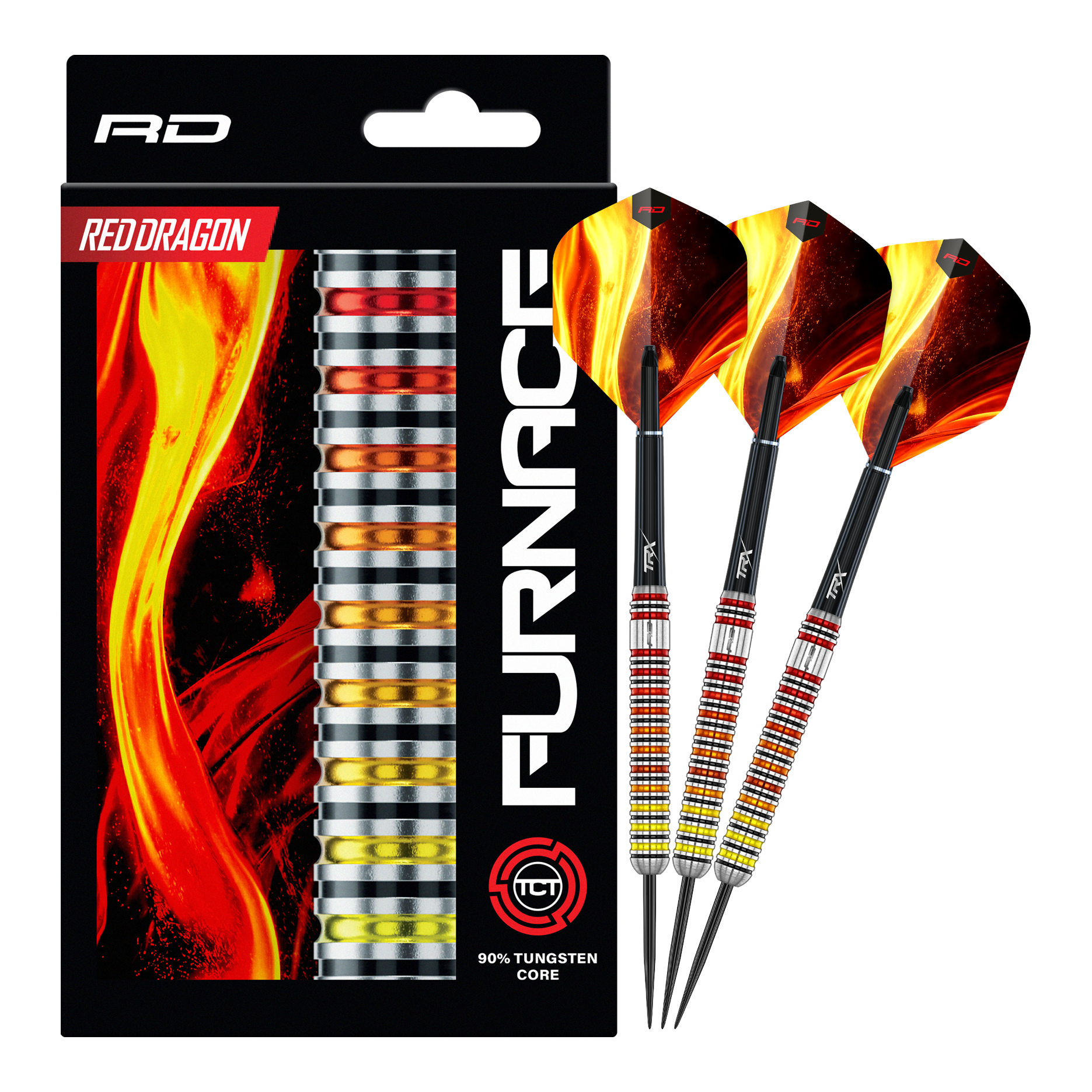 Auf dem Bild sind die Red Dragon Furnace Steeldarts vollständig abgebildet. Das Produkt wird in seiner Gesamtheit präsentiert.