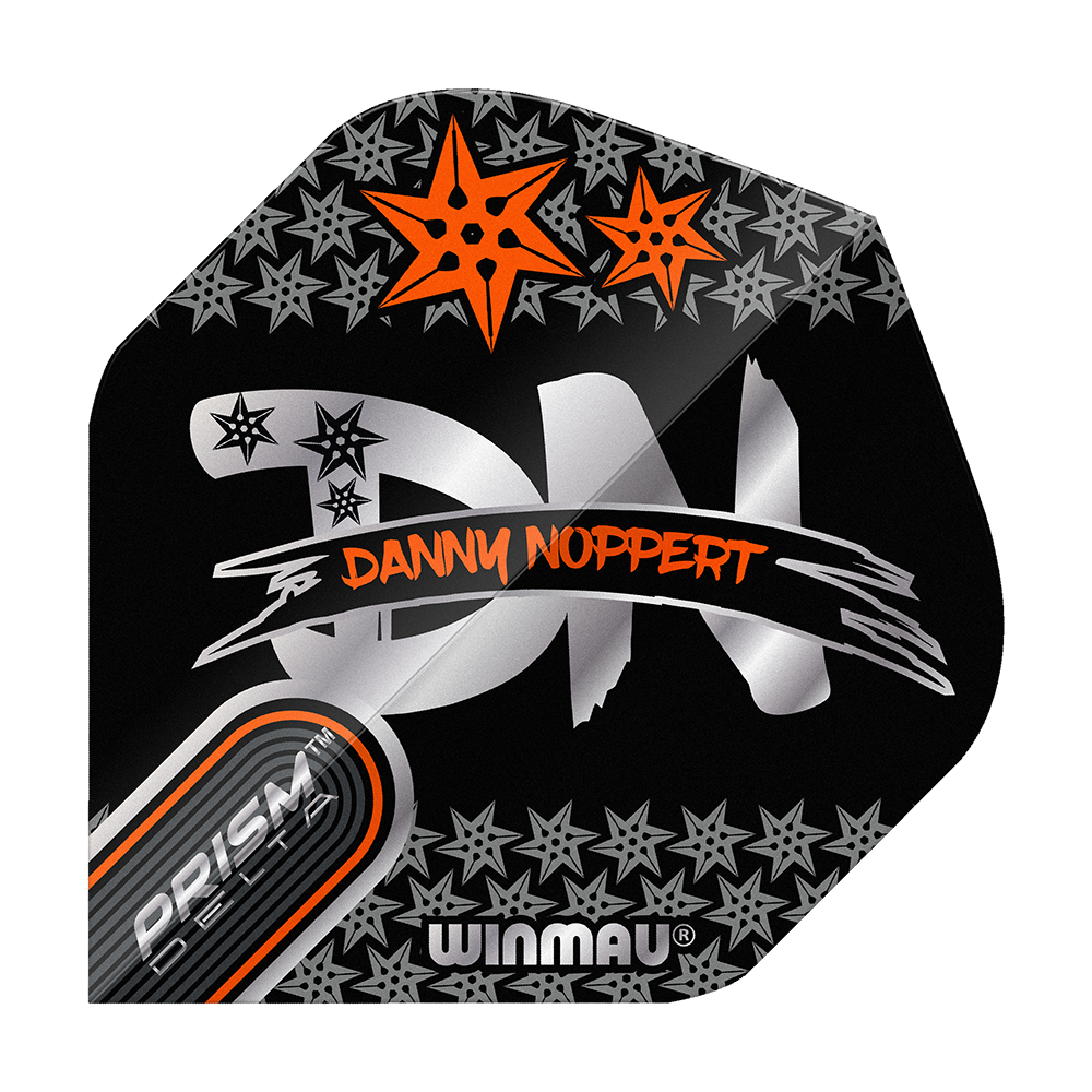Winmau Prism Delta Danny Noppert Black Signature No2 Standard Flights Das Bild zeigt ein Dart-Flight mit dem Namen "Winmau Prism Delta Danny Noppert Black Signature No2 Standard Flights". Auf dem schwarzen Flight sind silberne und orangefarbene Sterne sowie der Name von Danny Noppert in orange geschrieben.